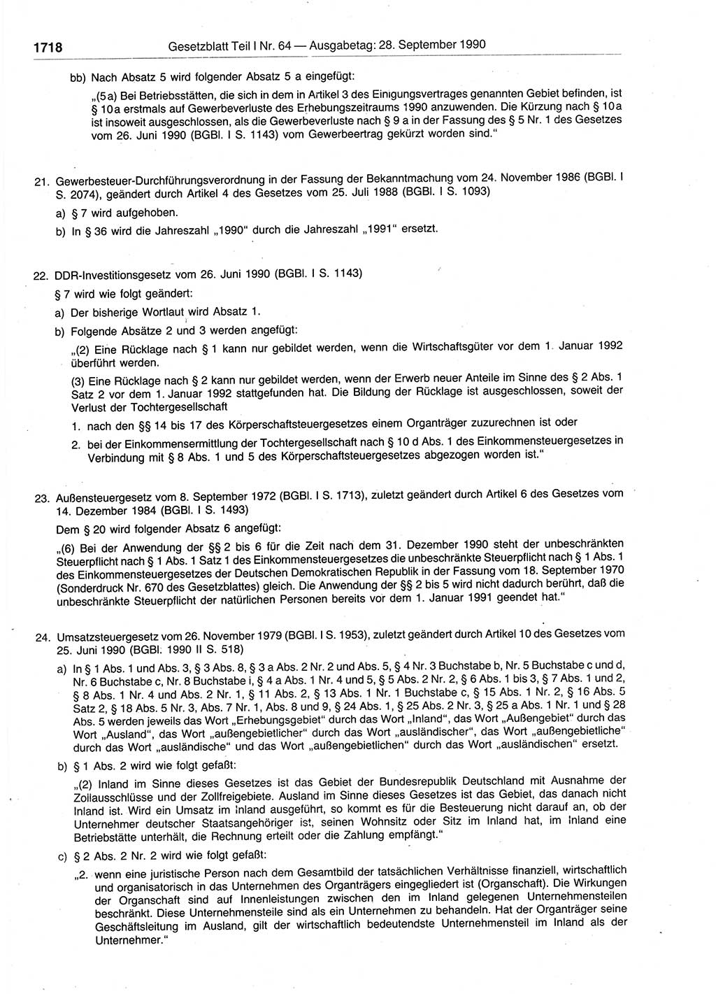 Gesetzblatt (GBl.) der Deutschen Demokratischen Republik (DDR) Teil Ⅰ 1990, Seite 1718 (GBl. DDR Ⅰ 1990, S. 1718)