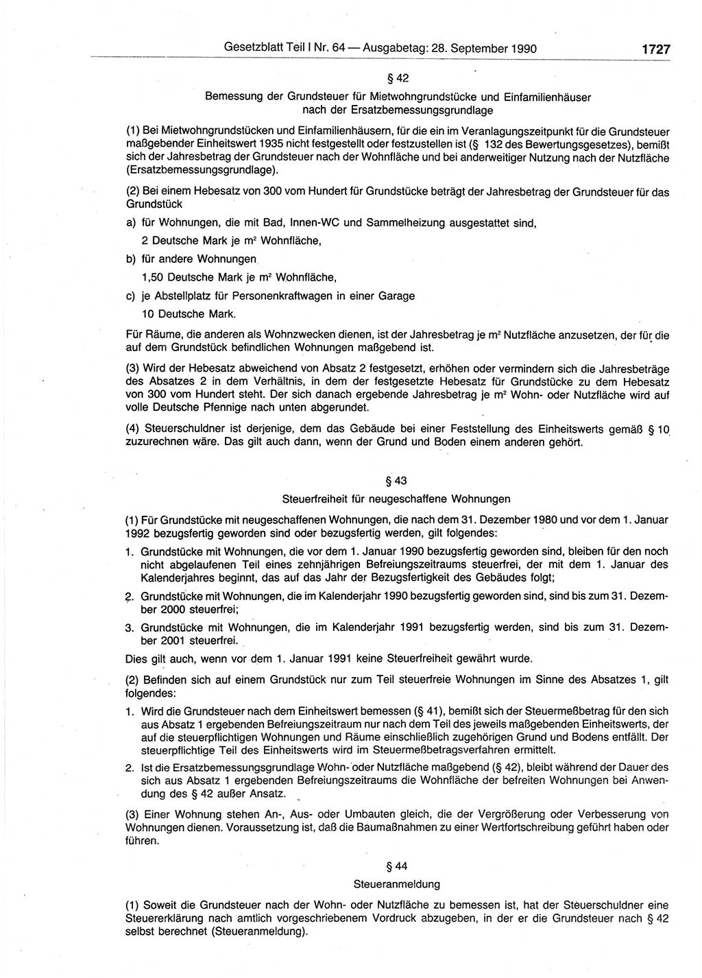 Gesetzblatt (GBl.) der Deutschen Demokratischen Republik (DDR) Teil Ⅰ 1990, Seite 1727 (GBl. DDR Ⅰ 1990, S. 1727)