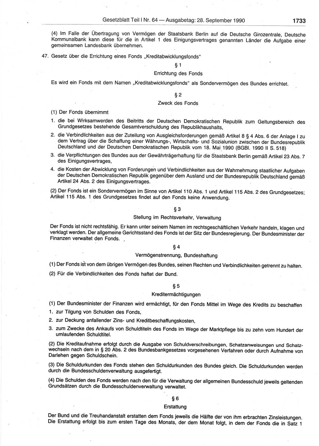 Gesetzblatt (GBl.) der Deutschen Demokratischen Republik (DDR) Teil Ⅰ 1990, Seite 1733 (GBl. DDR Ⅰ 1990, S. 1733)