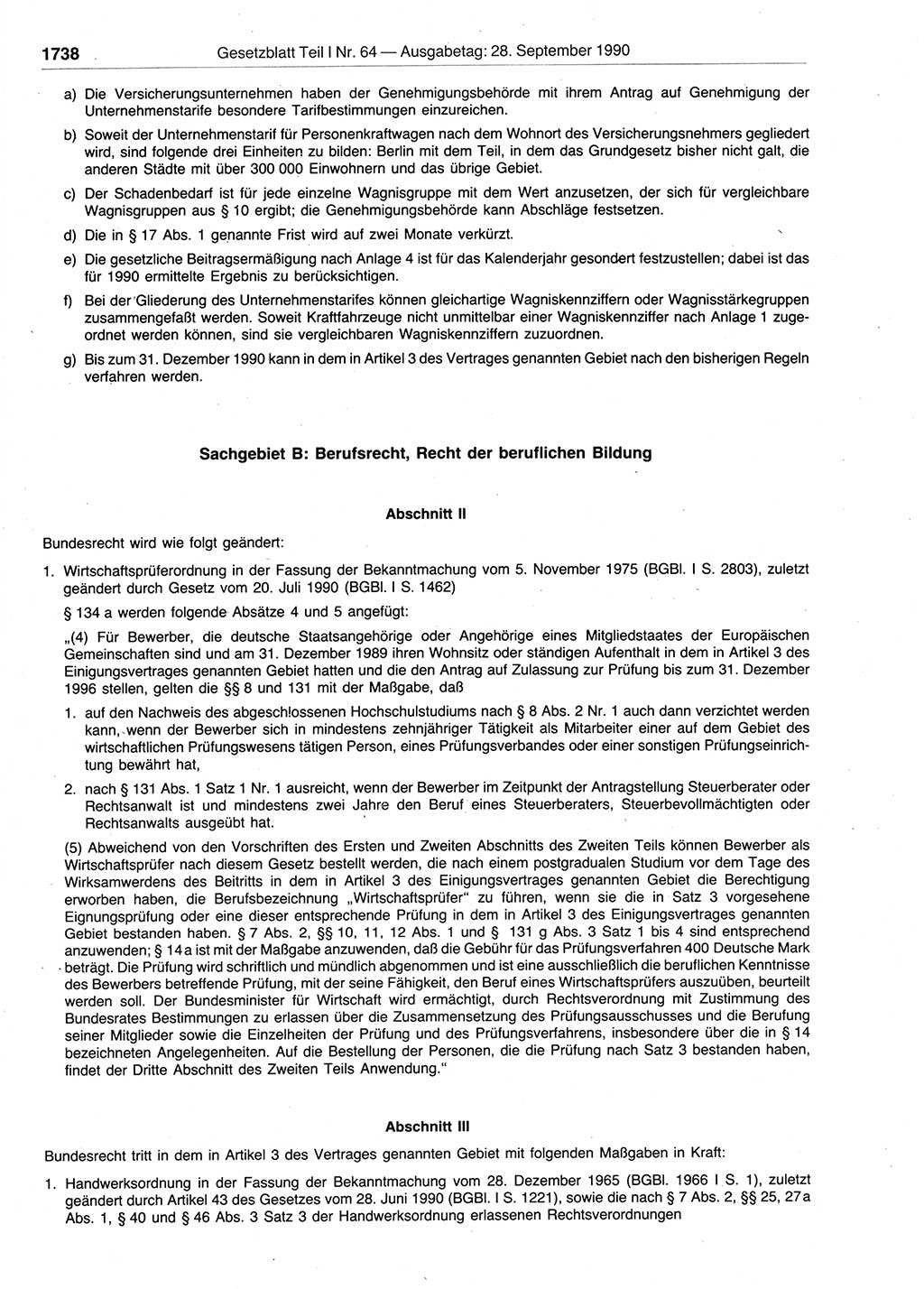 Gesetzblatt (GBl.) der Deutschen Demokratischen Republik (DDR) Teil Ⅰ 1990, Seite 1738 (GBl. DDR Ⅰ 1990, S. 1738)