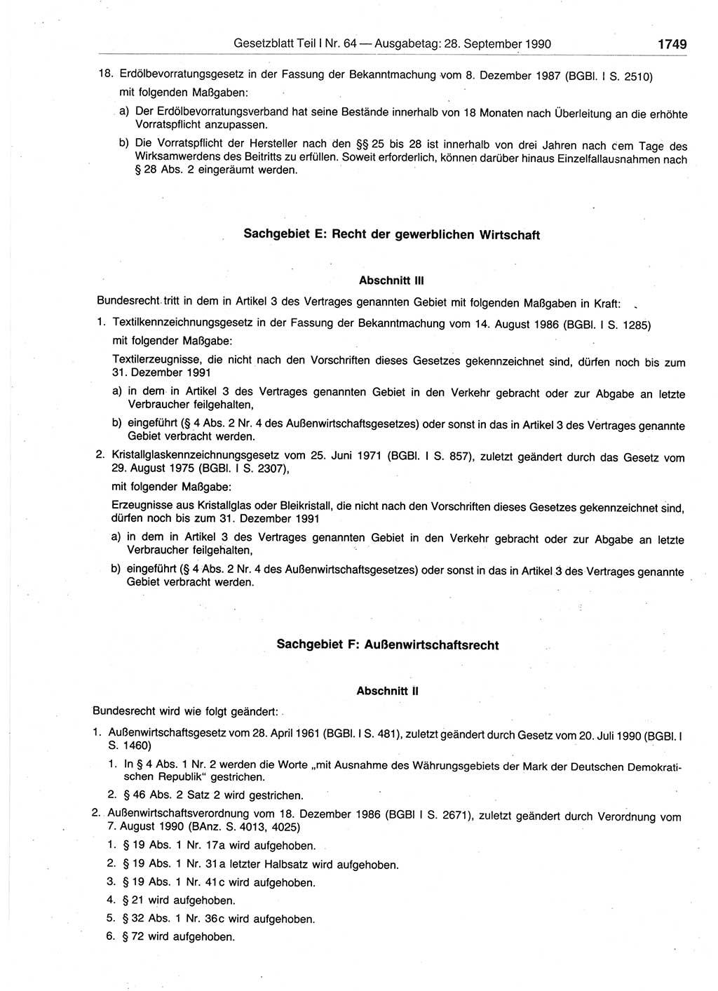 Gesetzblatt (GBl.) der Deutschen Demokratischen Republik (DDR) Teil Ⅰ 1990, Seite 1749 (GBl. DDR Ⅰ 1990, S. 1749)