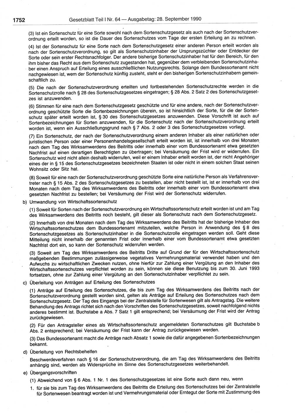 Gesetzblatt (GBl.) der Deutschen Demokratischen Republik (DDR) Teil Ⅰ 1990, Seite 1752 (GBl. DDR Ⅰ 1990, S. 1752)