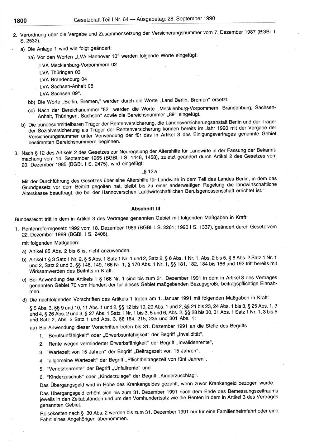 Gesetzblatt (GBl.) der Deutschen Demokratischen Republik (DDR) Teil Ⅰ 1990, Seite 1800 (GBl. DDR Ⅰ 1990, S. 1800)