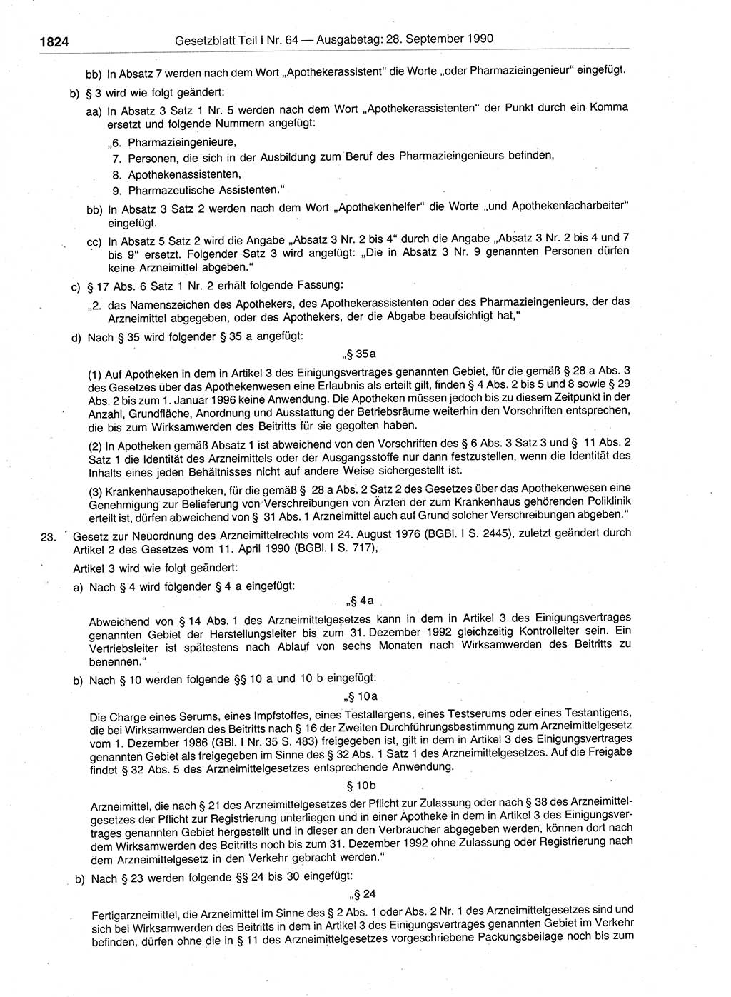 Gesetzblatt (GBl.) der Deutschen Demokratischen Republik (DDR) Teil Ⅰ 1990, Seite 1824 (GBl. DDR Ⅰ 1990, S. 1824)