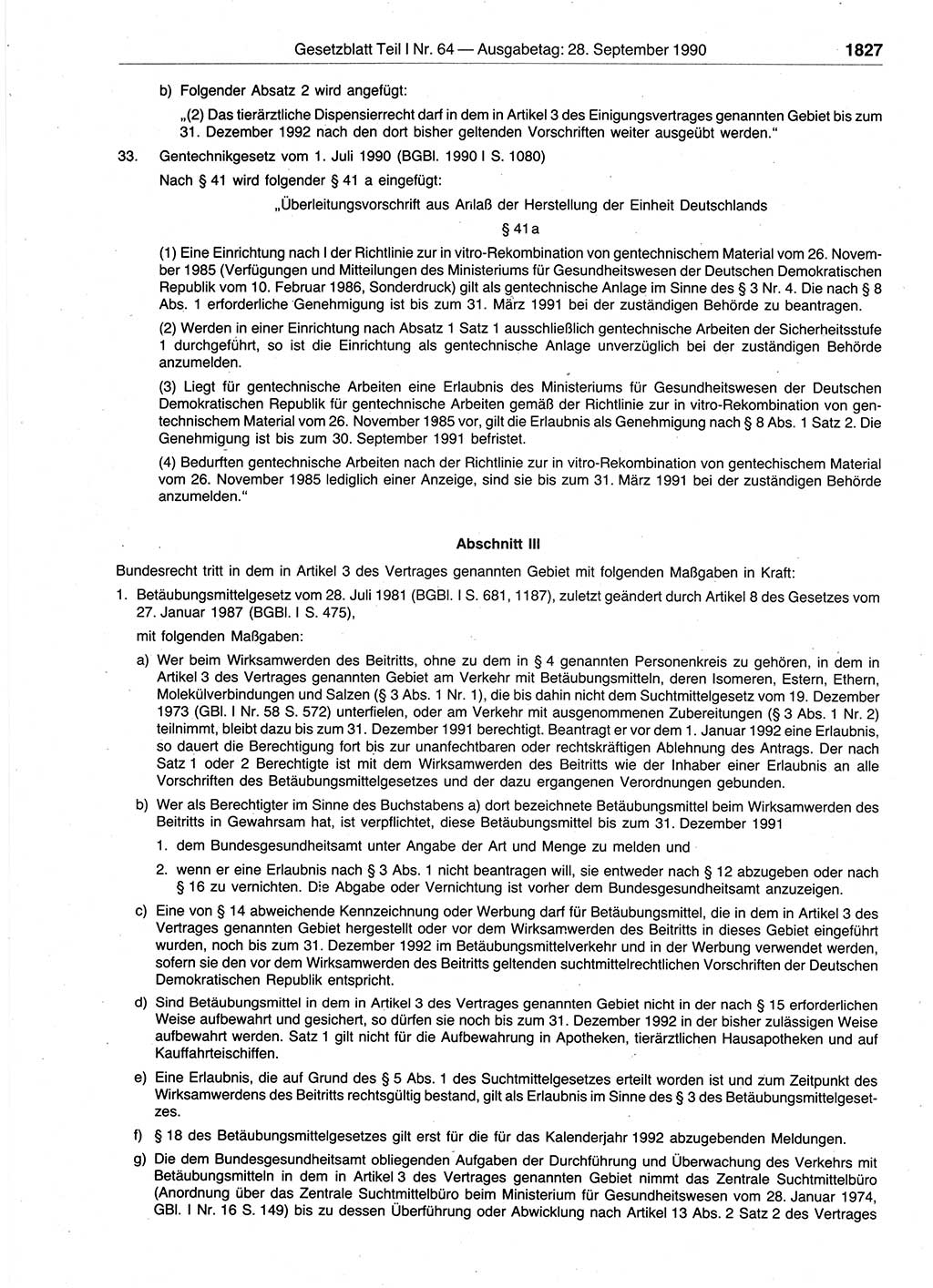 Gesetzblatt (GBl.) der Deutschen Demokratischen Republik (DDR) Teil Ⅰ 1990, Seite 1827 (GBl. DDR Ⅰ 1990, S. 1827)