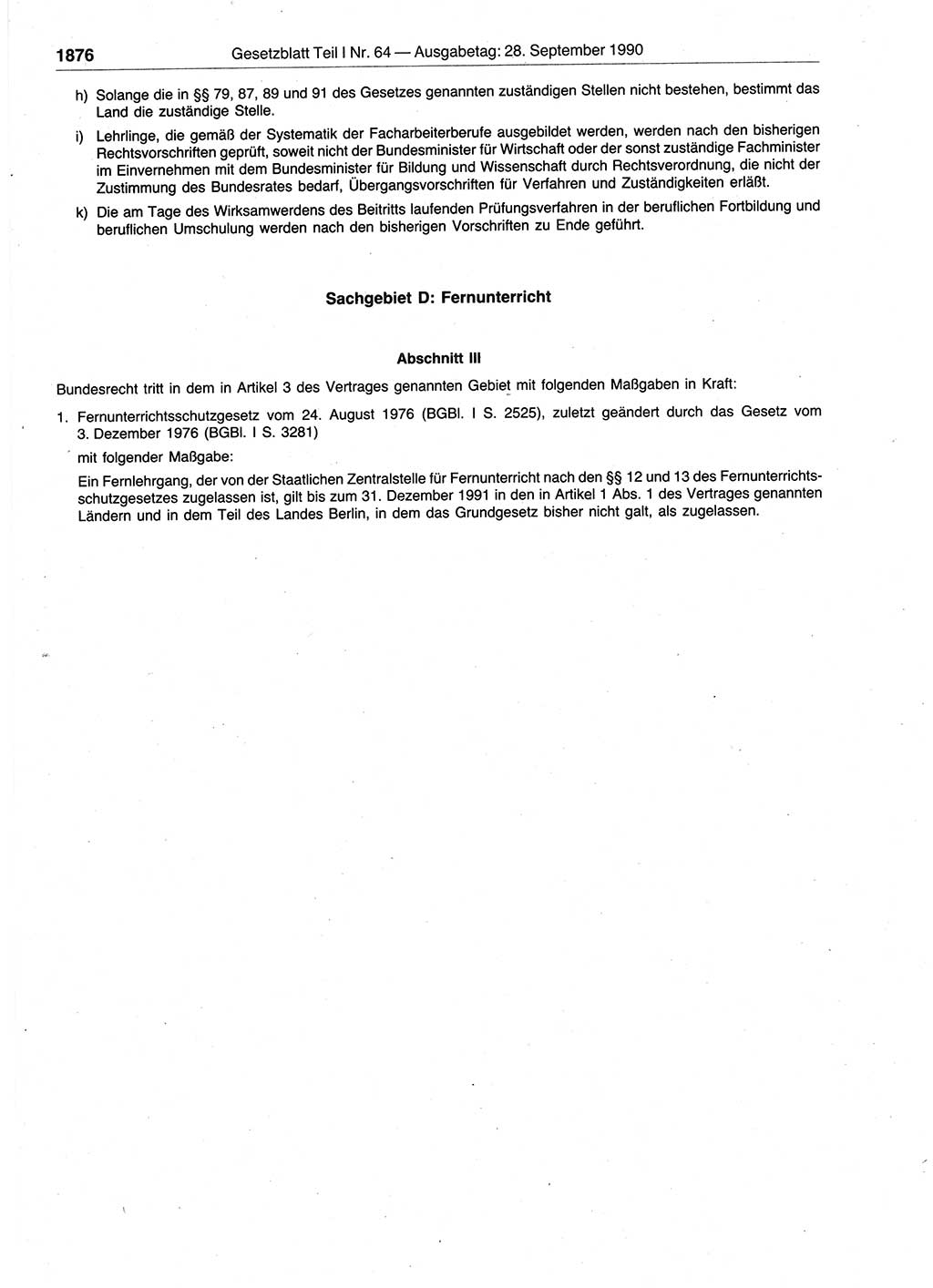 Gesetzblatt (GBl.) der Deutschen Demokratischen Republik (DDR) Teil Ⅰ 1990, Seite 1876 (GBl. DDR Ⅰ 1990, S. 1876)