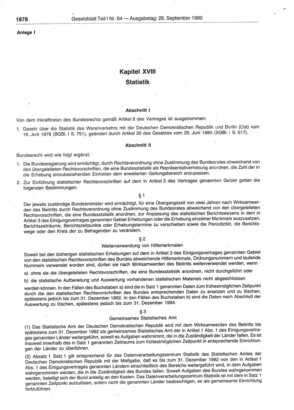 Gesetzblatt (GBl.) der Deutschen Demokratischen Republik (DDR) Teil Ⅰ 1990, Seite 1878 (GBl. DDR Ⅰ 1990, S. 1878)