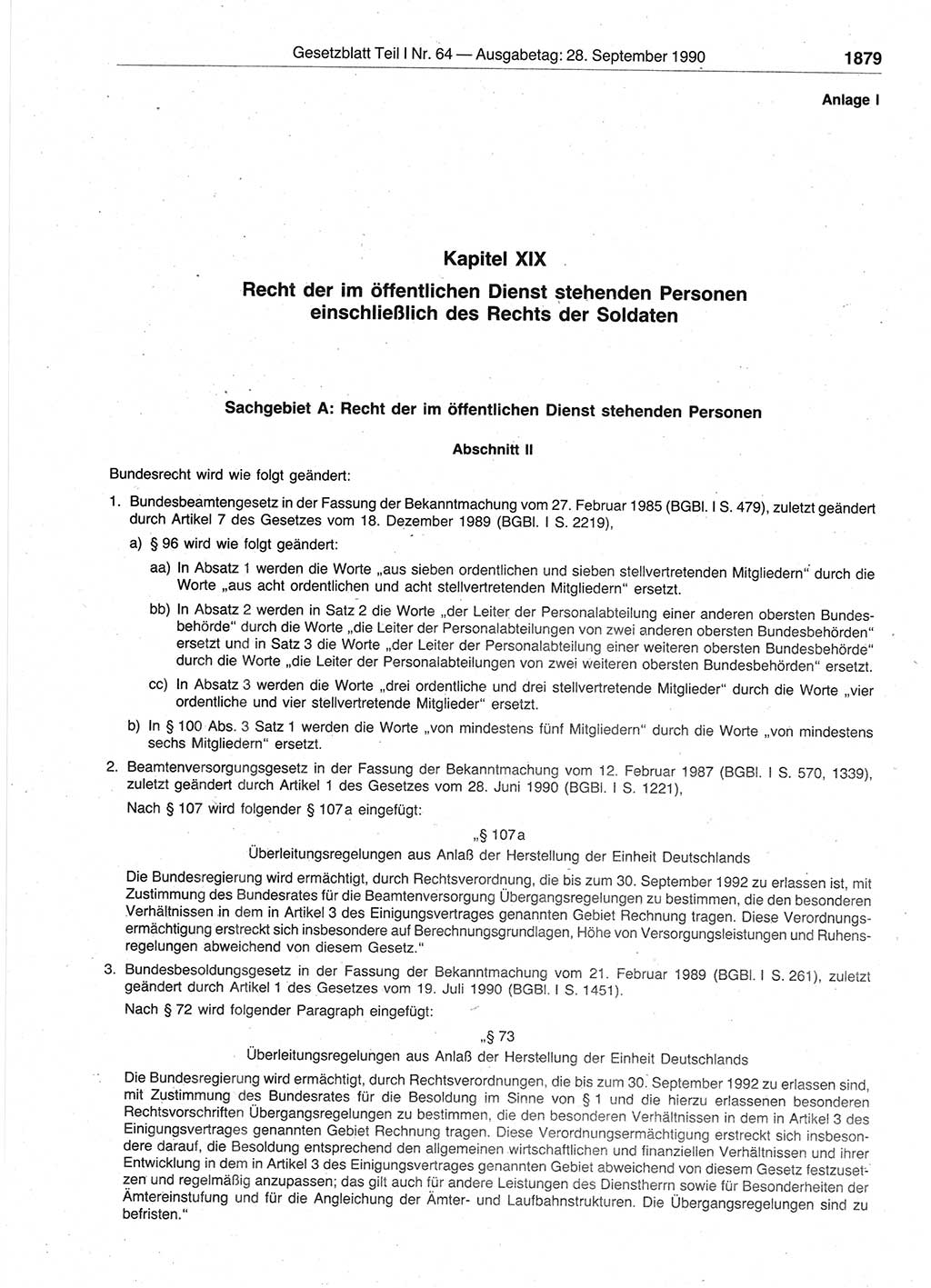 Gesetzblatt (GBl.) der Deutschen Demokratischen Republik (DDR) Teil Ⅰ 1990, Seite 1879 (GBl. DDR Ⅰ 1990, S. 1879)