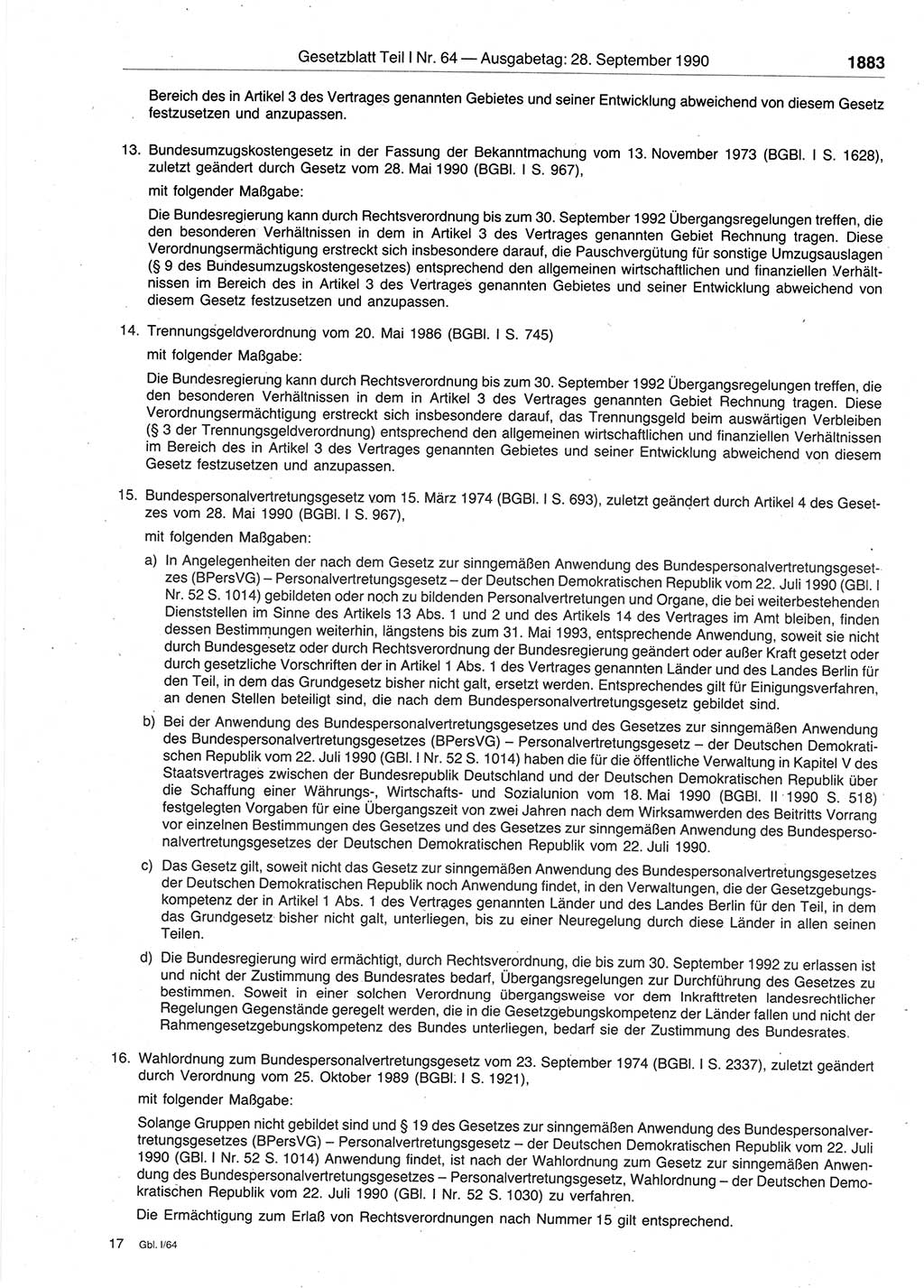 Gesetzblatt (GBl.) der Deutschen Demokratischen Republik (DDR) Teil Ⅰ 1990, Seite 1883 (GBl. DDR Ⅰ 1990, S. 1883)
