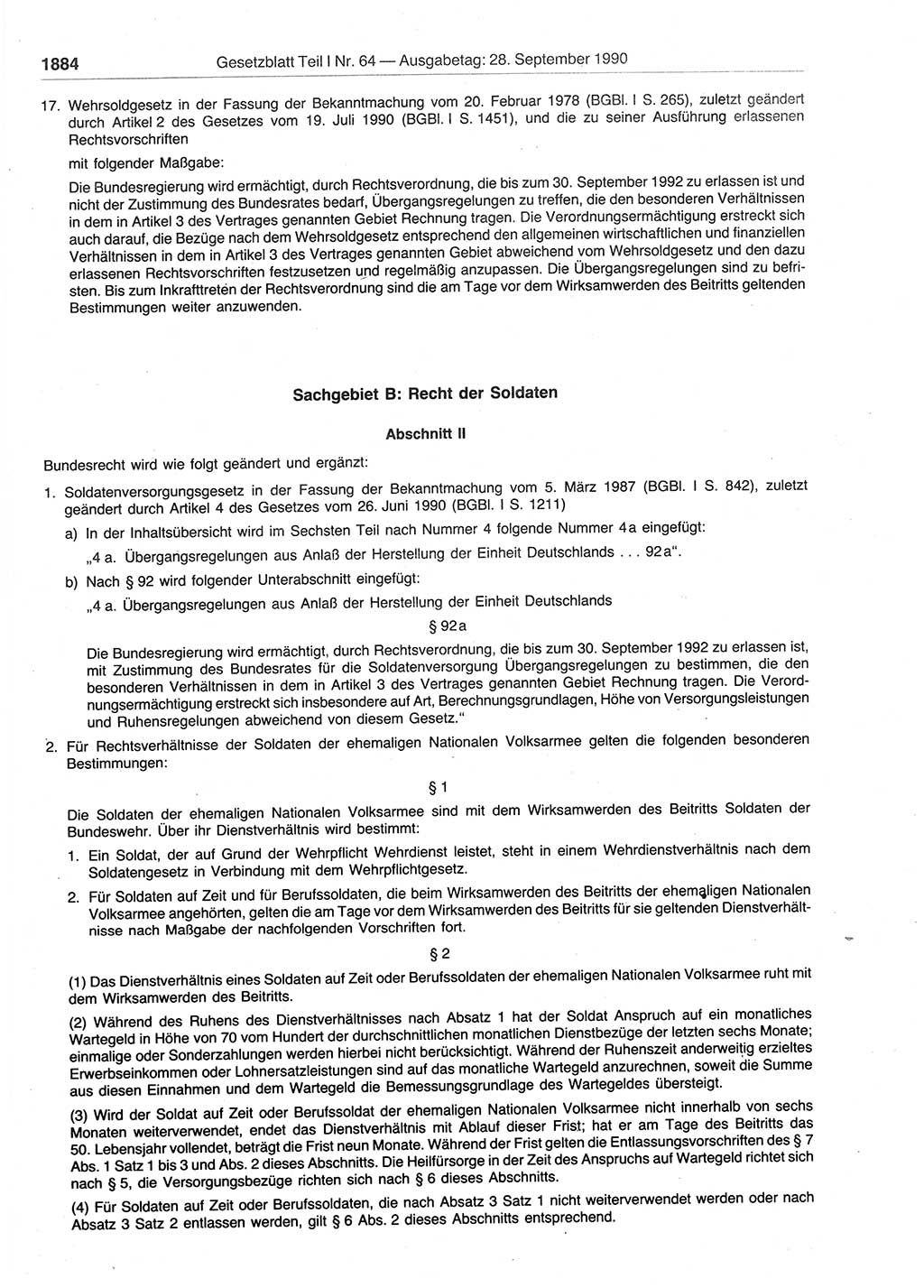 Gesetzblatt (GBl.) der Deutschen Demokratischen Republik (DDR) Teil Ⅰ 1990, Seite 1884 (GBl. DDR Ⅰ 1990, S. 1884)