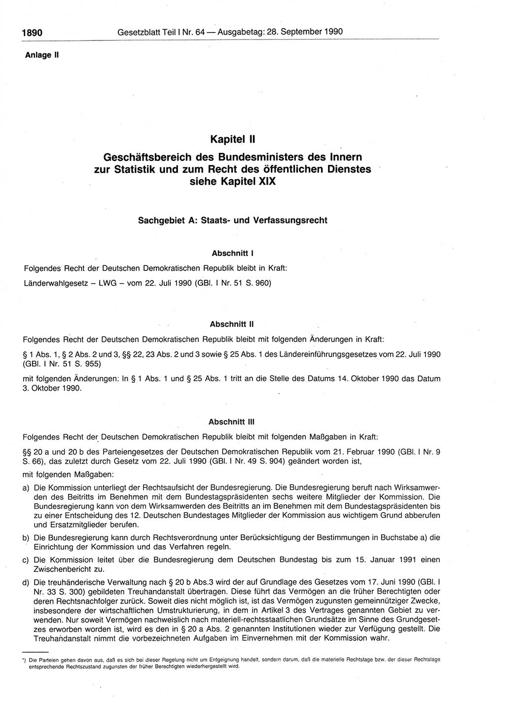 Gesetzblatt (GBl.) der Deutschen Demokratischen Republik (DDR) Teil Ⅰ 1990, Seite 1890 (GBl. DDR Ⅰ 1990, S. 1890)