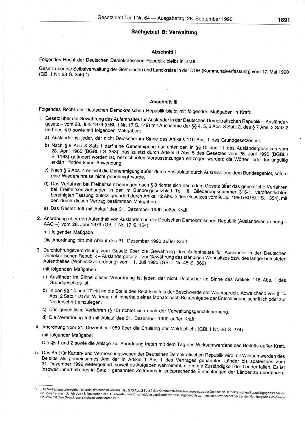 Gesetzblatt (GBl.) der Deutschen Demokratischen Republik (DDR) Teil Ⅰ 1990, Seite 1891 (GBl. DDR Ⅰ 1990, S. 1891)