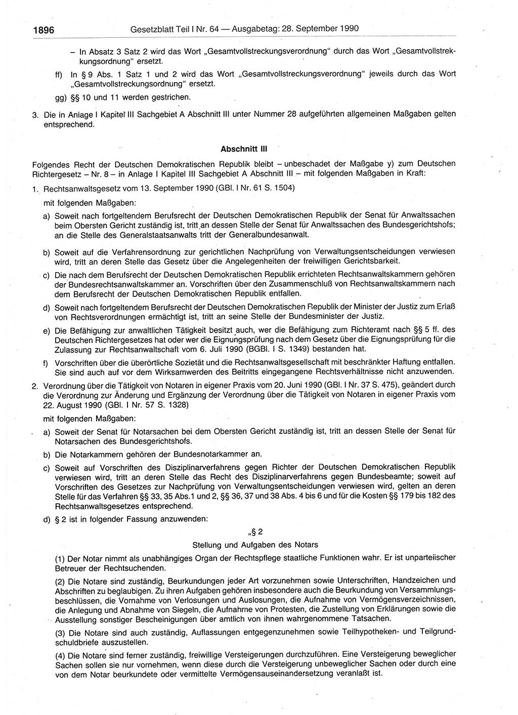 Gesetzblatt (GBl.) der Deutschen Demokratischen Republik (DDR) Teil Ⅰ 1990, Seite 1896 (GBl. DDR Ⅰ 1990, S. 1896)