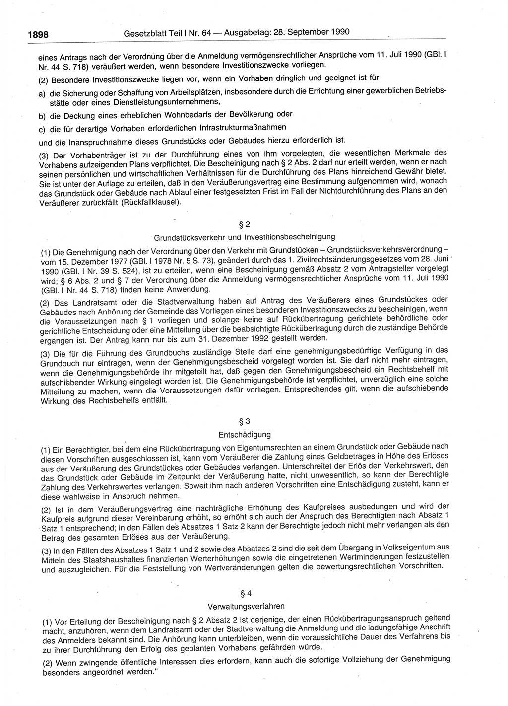 Gesetzblatt (GBl.) der Deutschen Demokratischen Republik (DDR) Teil Ⅰ 1990, Seite 1898 (GBl. DDR Ⅰ 1990, S. 1898)