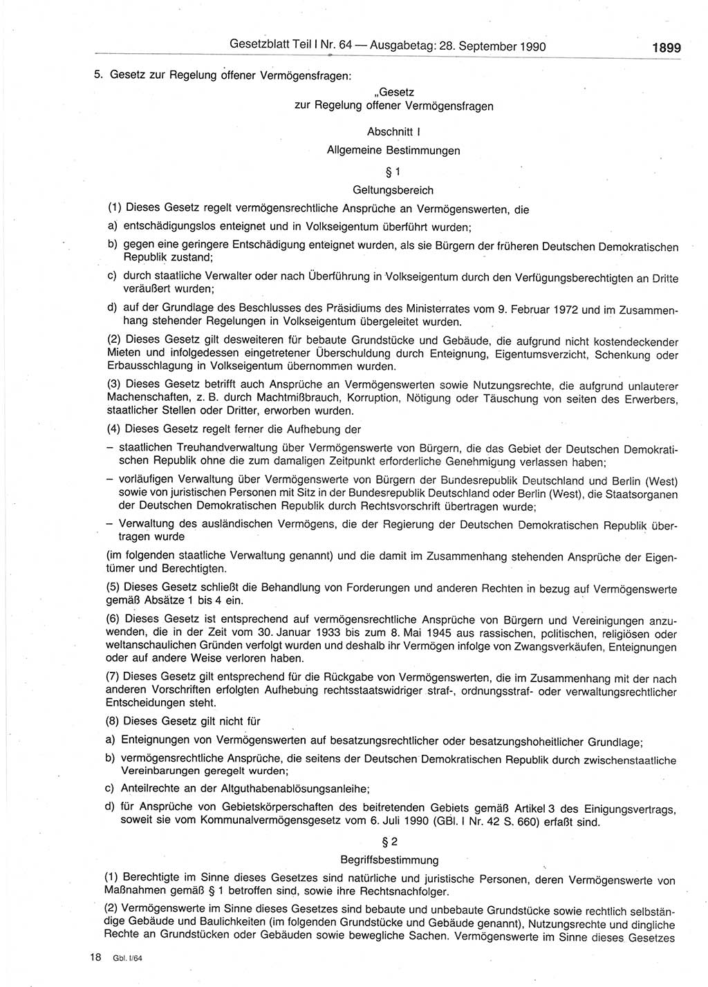 Gesetzblatt (GBl.) der Deutschen Demokratischen Republik (DDR) Teil Ⅰ 1990, Seite 1899 (GBl. DDR Ⅰ 1990, S. 1899)