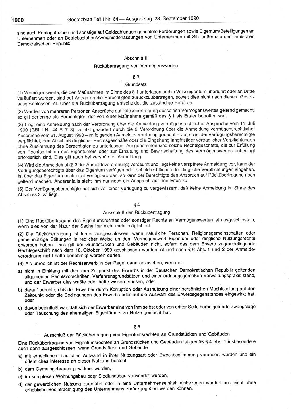 Gesetzblatt (GBl.) der Deutschen Demokratischen Republik (DDR) Teil Ⅰ 1990, Seite 1900 (GBl. DDR Ⅰ 1990, S. 1900)