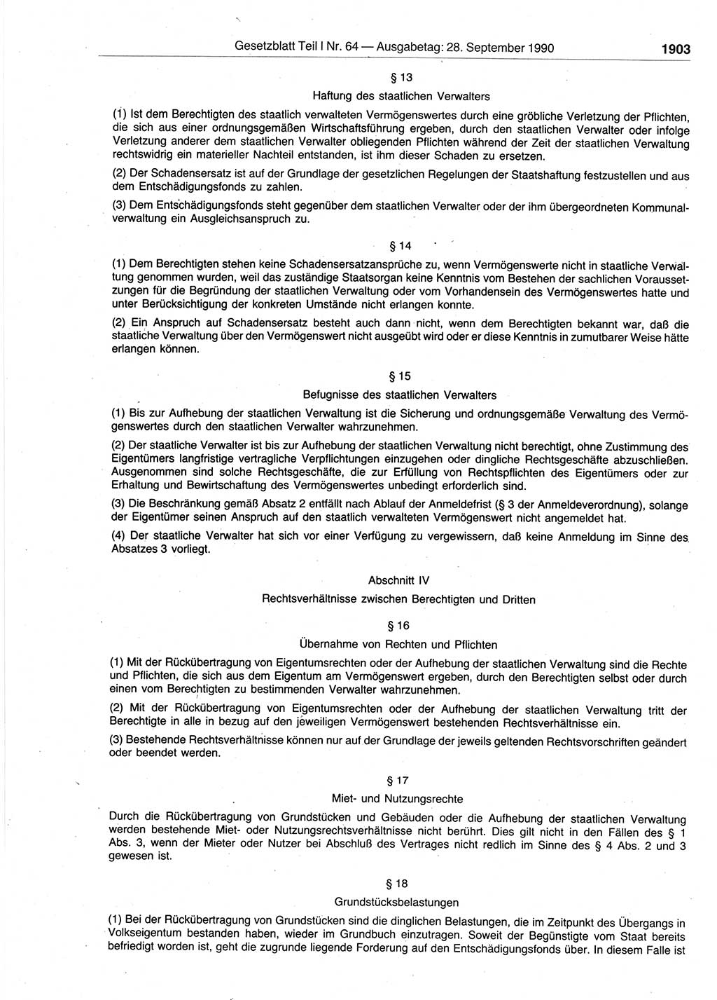 Gesetzblatt (GBl.) der Deutschen Demokratischen Republik (DDR) Teil Ⅰ 1990, Seite 1903 (GBl. DDR Ⅰ 1990, S. 1903)