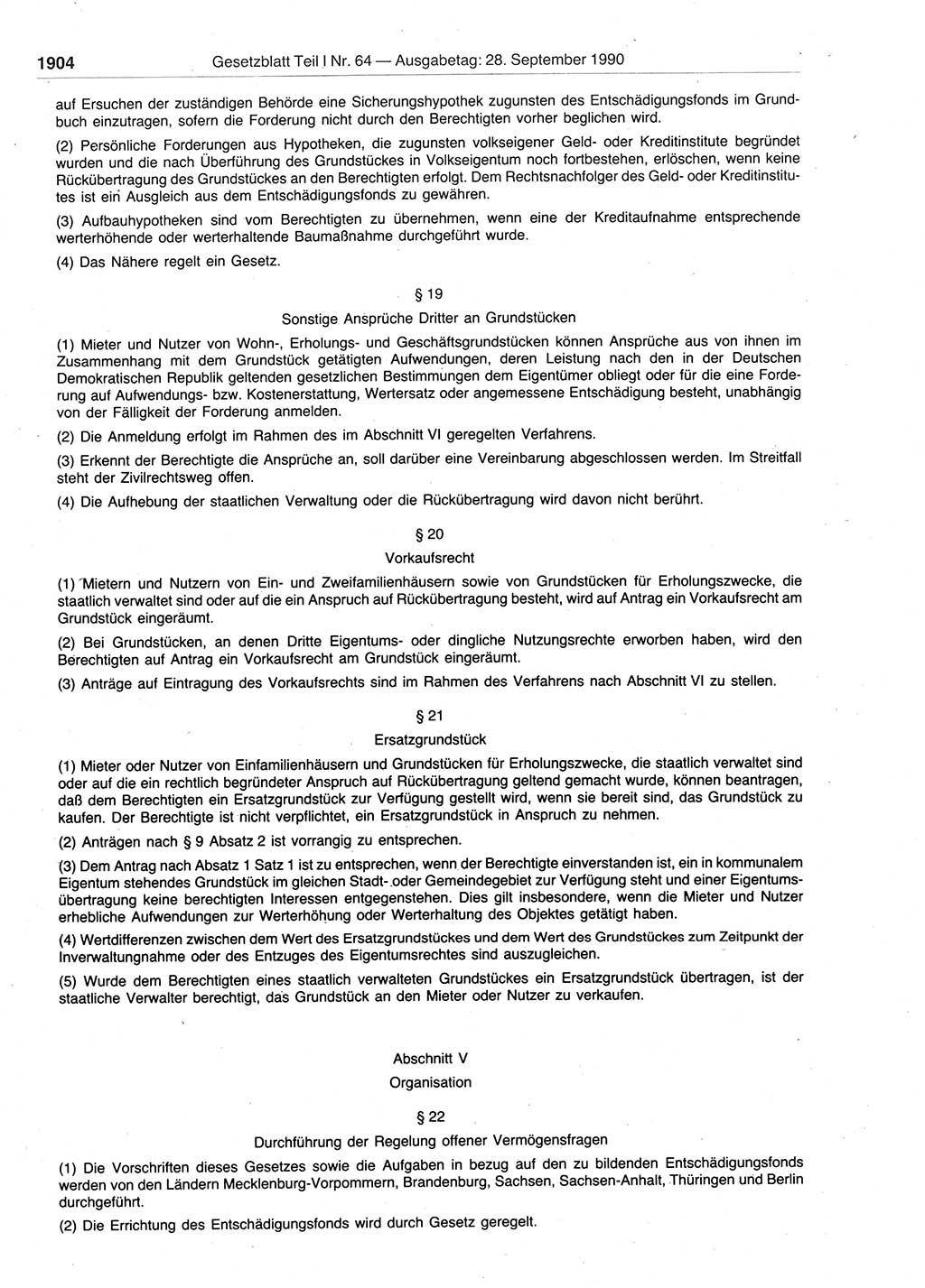 Gesetzblatt (GBl.) der Deutschen Demokratischen Republik (DDR) Teil Ⅰ 1990, Seite 1904 (GBl. DDR Ⅰ 1990, S. 1904)
