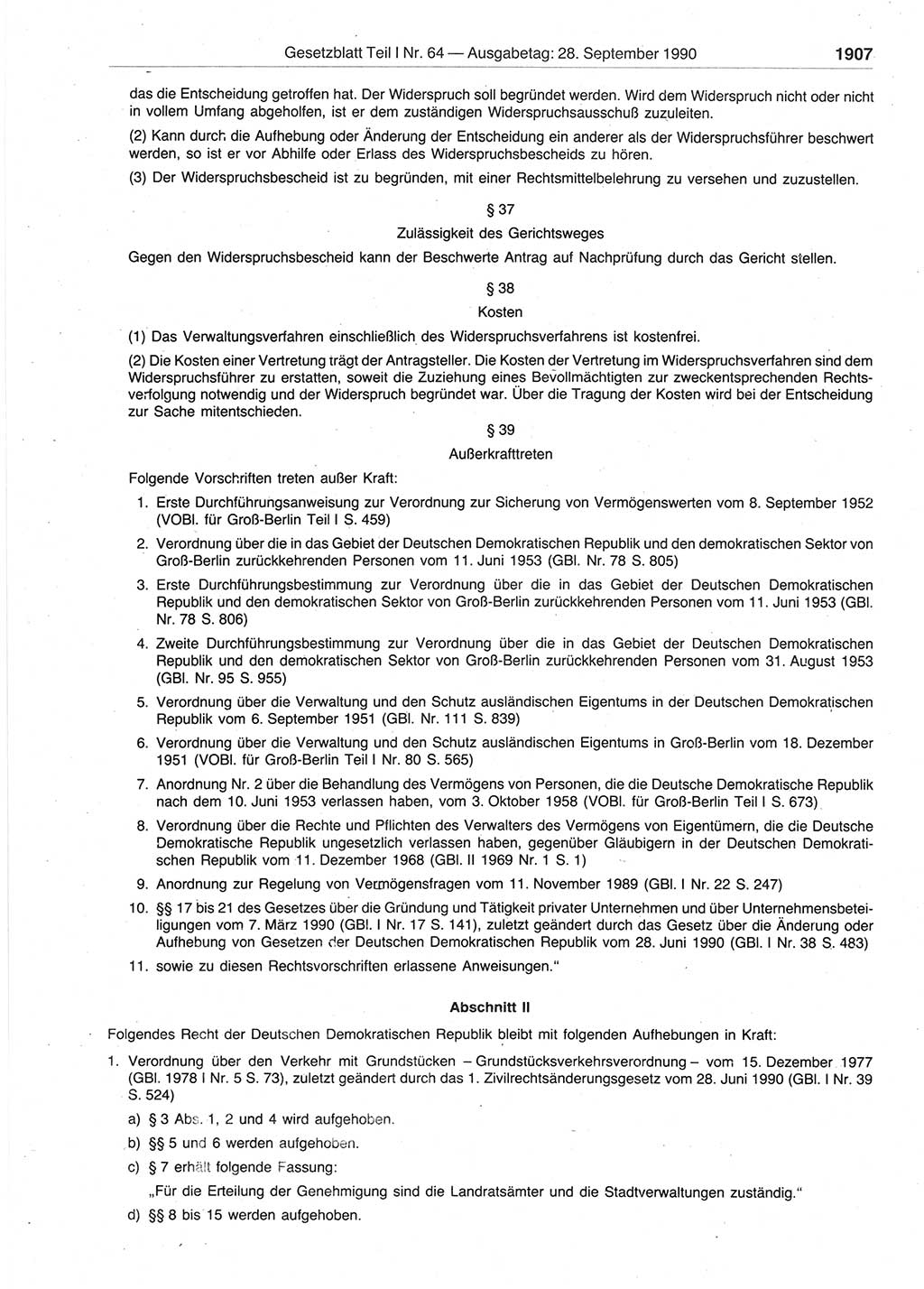 Gesetzblatt (GBl.) der Deutschen Demokratischen Republik (DDR) Teil Ⅰ 1990, Seite 1907 (GBl. DDR Ⅰ 1990, S. 1907)