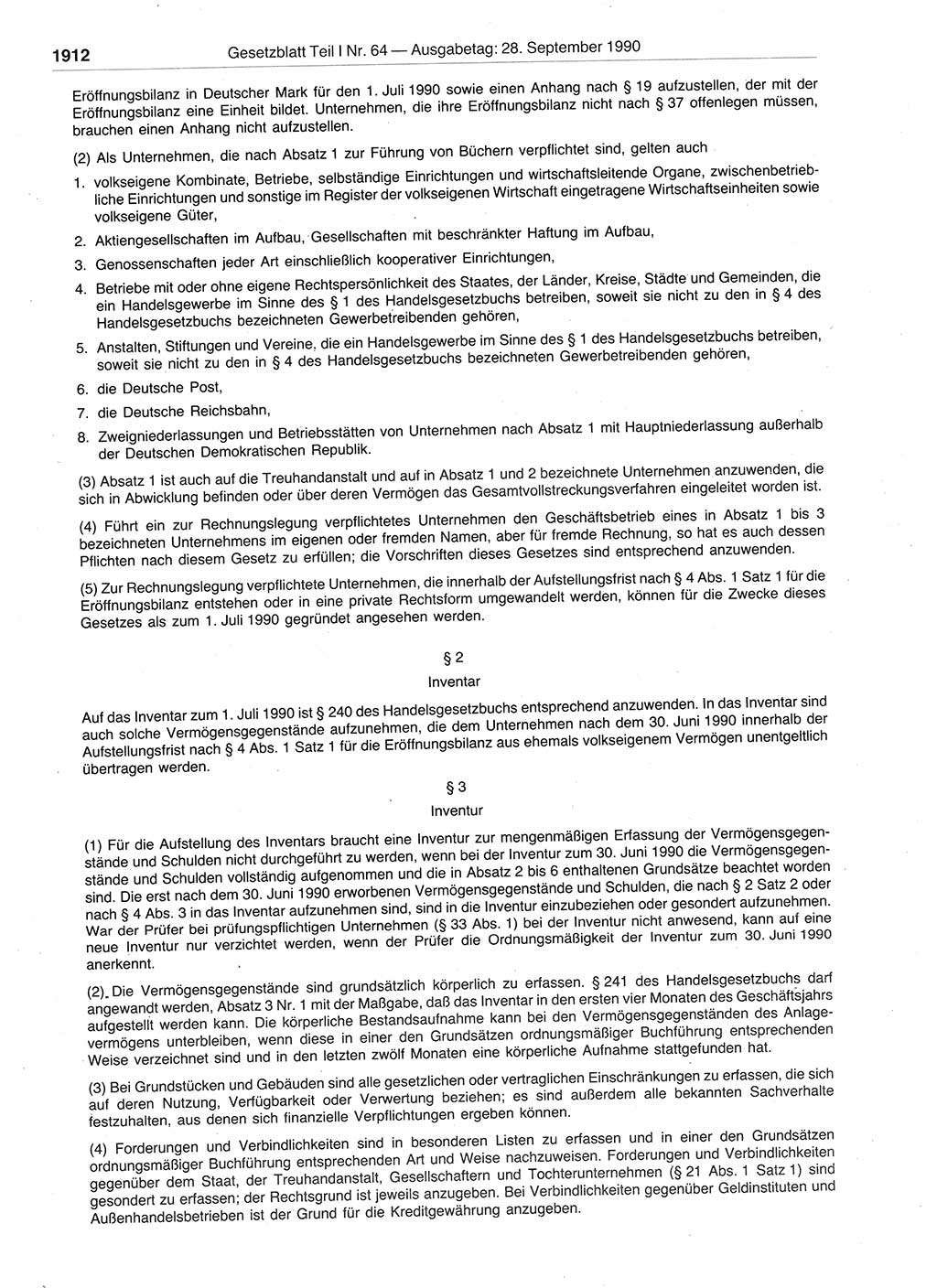 Gesetzblatt (GBl.) der Deutschen Demokratischen Republik (DDR) Teil Ⅰ 1990, Seite 1912 (GBl. DDR Ⅰ 1990, S. 1912)