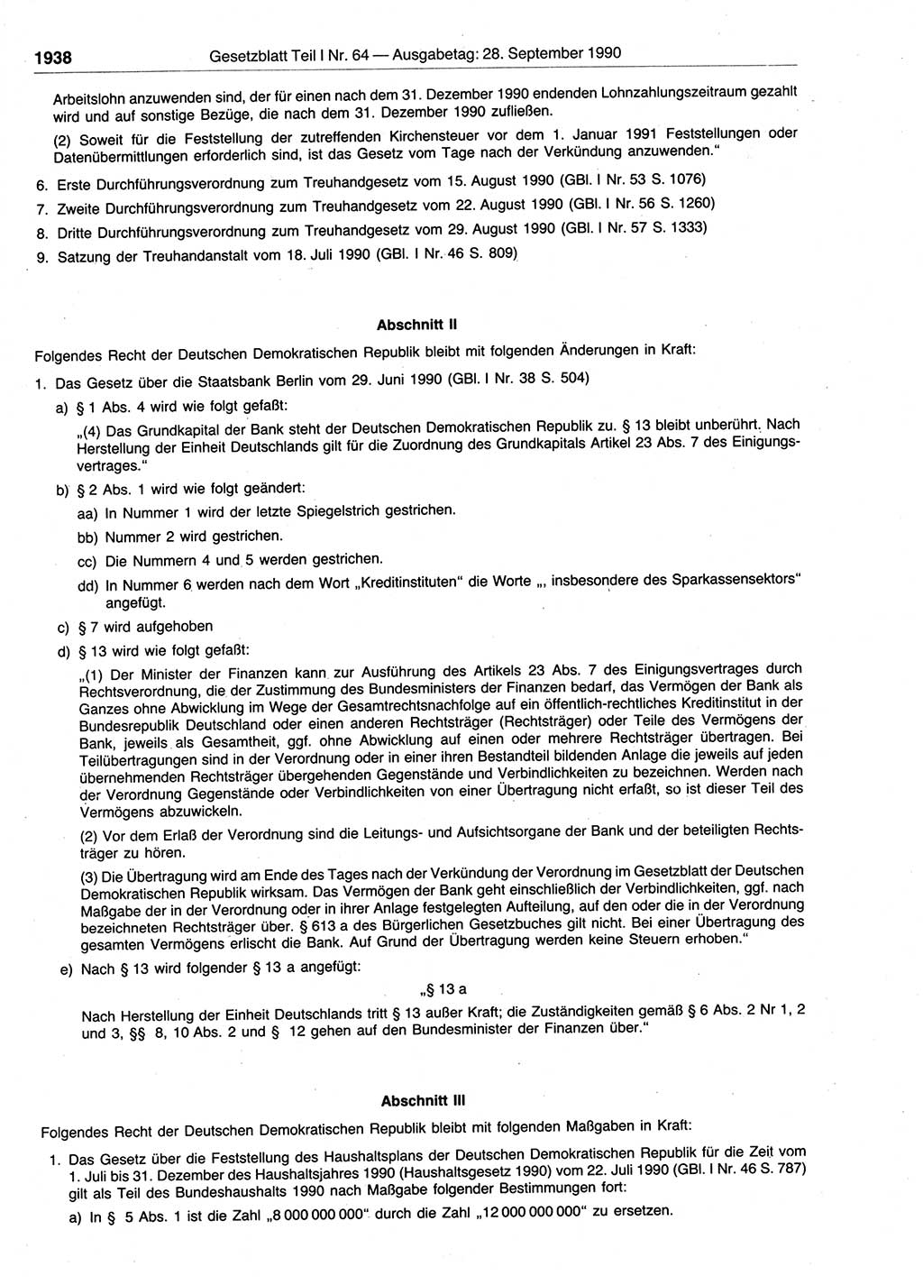 Gesetzblatt (GBl.) der Deutschen Demokratischen Republik (DDR) Teil Ⅰ 1990, Seite 1938 (GBl. DDR Ⅰ 1990, S. 1938)