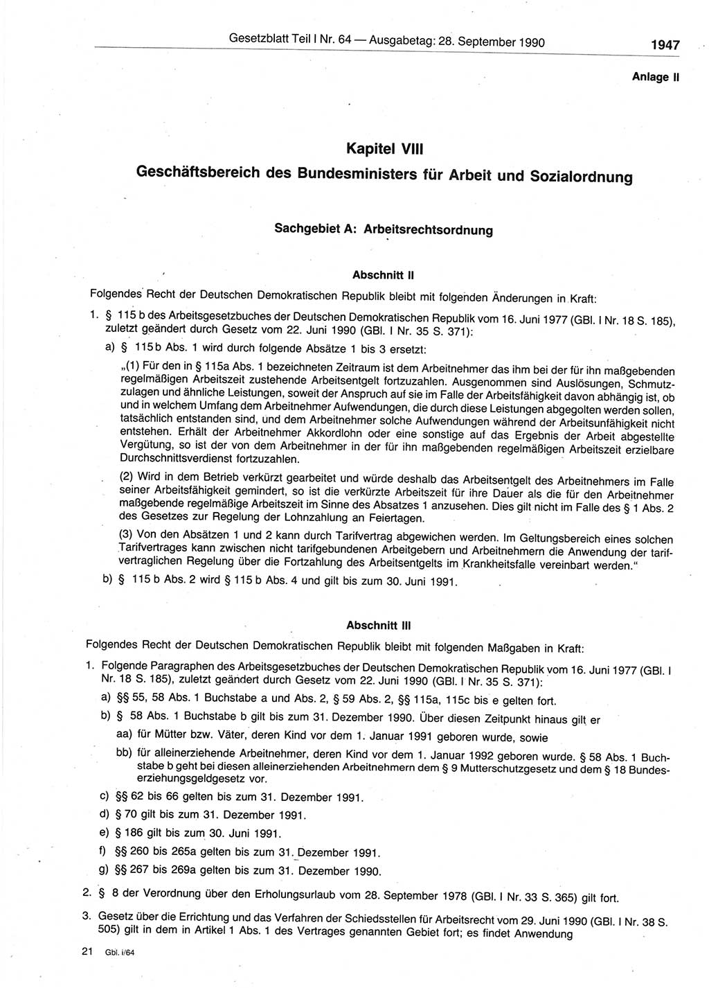 Gesetzblatt (GBl.) der Deutschen Demokratischen Republik (DDR) Teil Ⅰ 1990, Seite 1947 (GBl. DDR Ⅰ 1990, S. 1947)