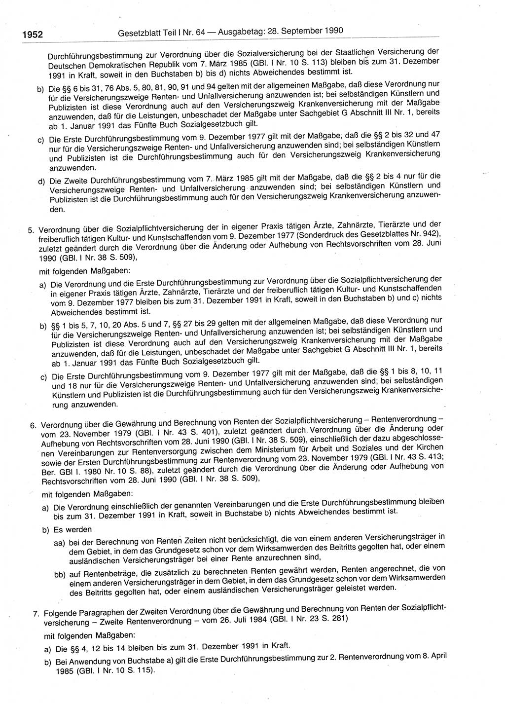 Gesetzblatt (GBl.) der Deutschen Demokratischen Republik (DDR) Teil Ⅰ 1990, Seite 1952 (GBl. DDR Ⅰ 1990, S. 1952)