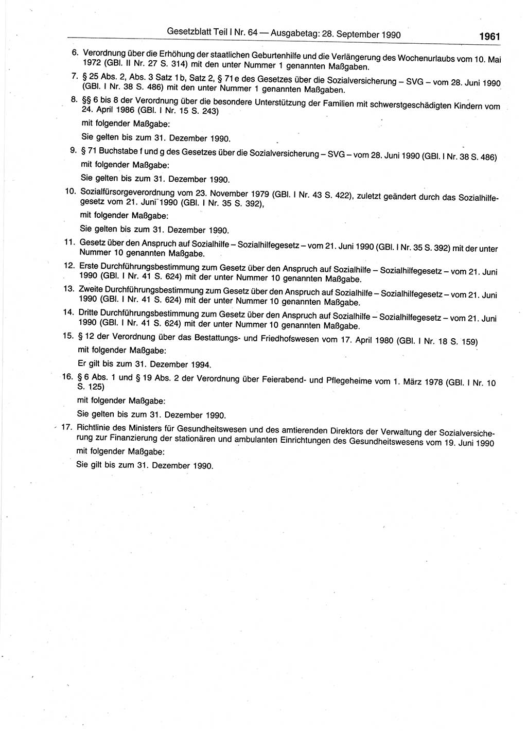 Gesetzblatt (GBl.) der Deutschen Demokratischen Republik (DDR) Teil Ⅰ 1990, Seite 1961 (GBl. DDR Ⅰ 1990, S. 1961)