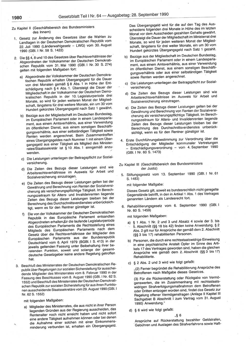Gesetzblatt (GBl.) der Deutschen Demokratischen Republik (DDR) Teil Ⅰ 1990, Seite 1980 (GBl. DDR Ⅰ 1990, S. 1980)