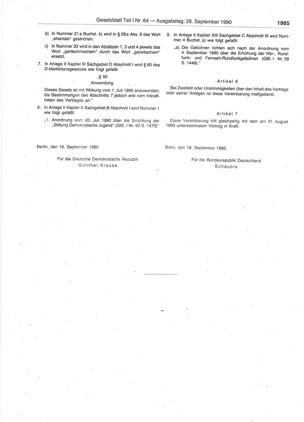 Gesetzblatt (GBl.) der Deutschen Demokratischen Republik (DDR) Teil Ⅰ 1990, Seite 1985 (GBl. DDR Ⅰ 1990, S. 1985)