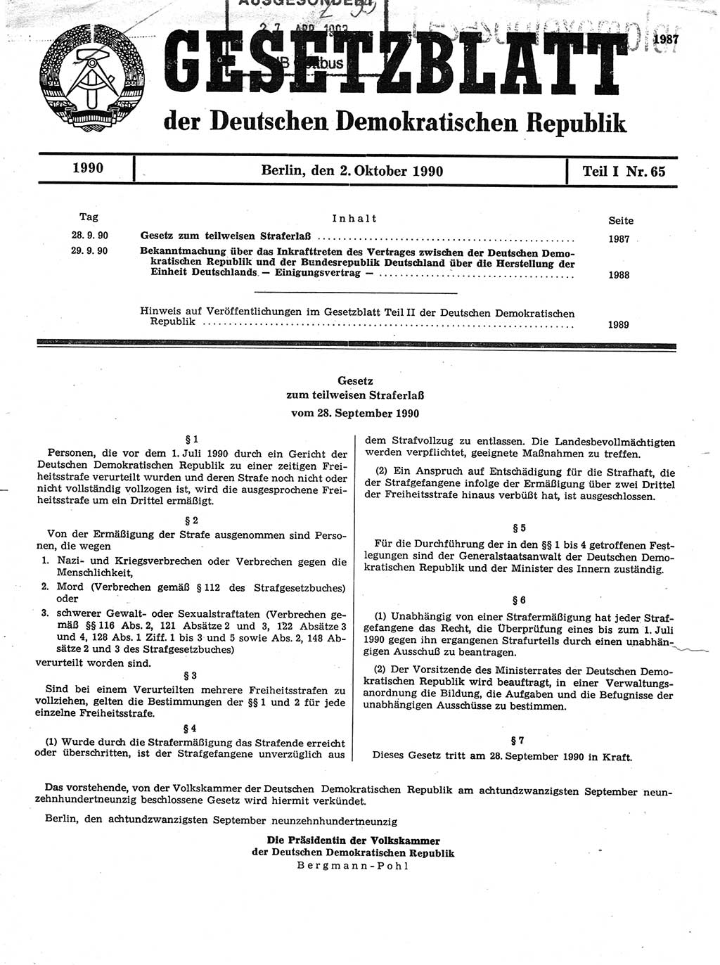 Gesetzblatt (GBl.) der Deutschen Demokratischen Republik (DDR) Teil Ⅰ 1990, Seite 1987 (GBl. DDR Ⅰ 1990, S. 1987)