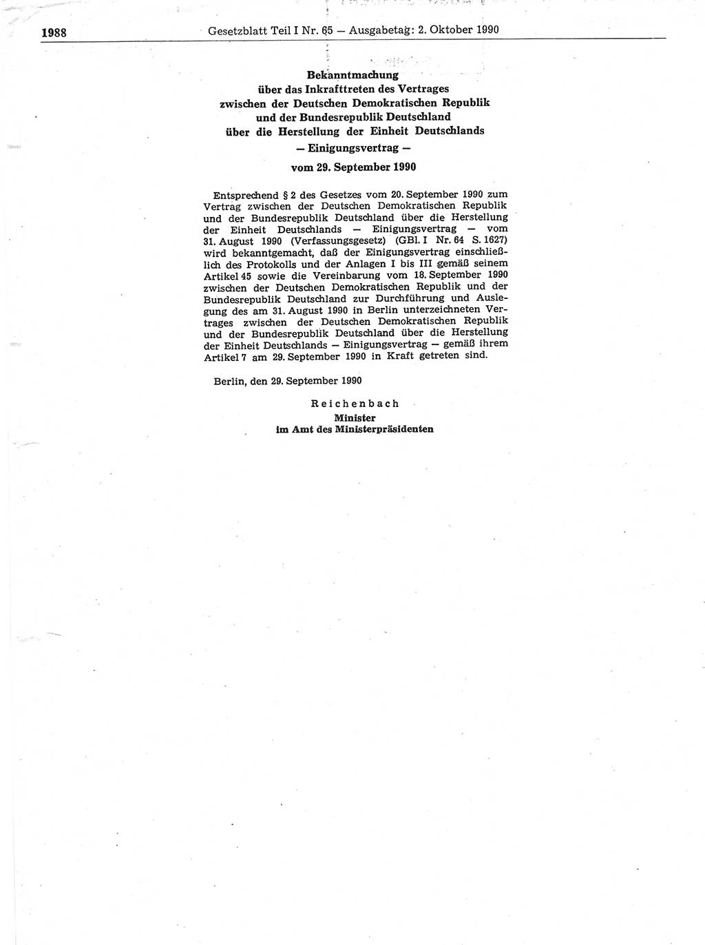 Gesetzblatt (GBl.) der Deutschen Demokratischen Republik (DDR) Teil Ⅰ 1990, Seite 1988 (GBl. DDR Ⅰ 1990, S. 1988)