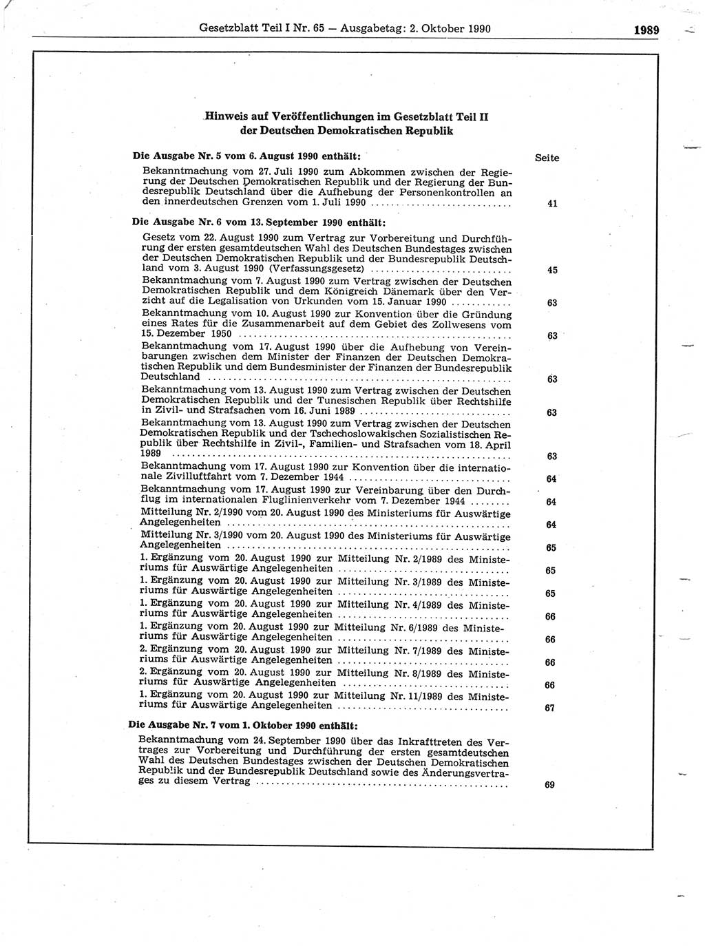 Gesetzblatt (GBl.) der Deutschen Demokratischen Republik (DDR) Teil Ⅰ 1990, Seite 1989 (GBl. DDR Ⅰ 1990, S. 1989)