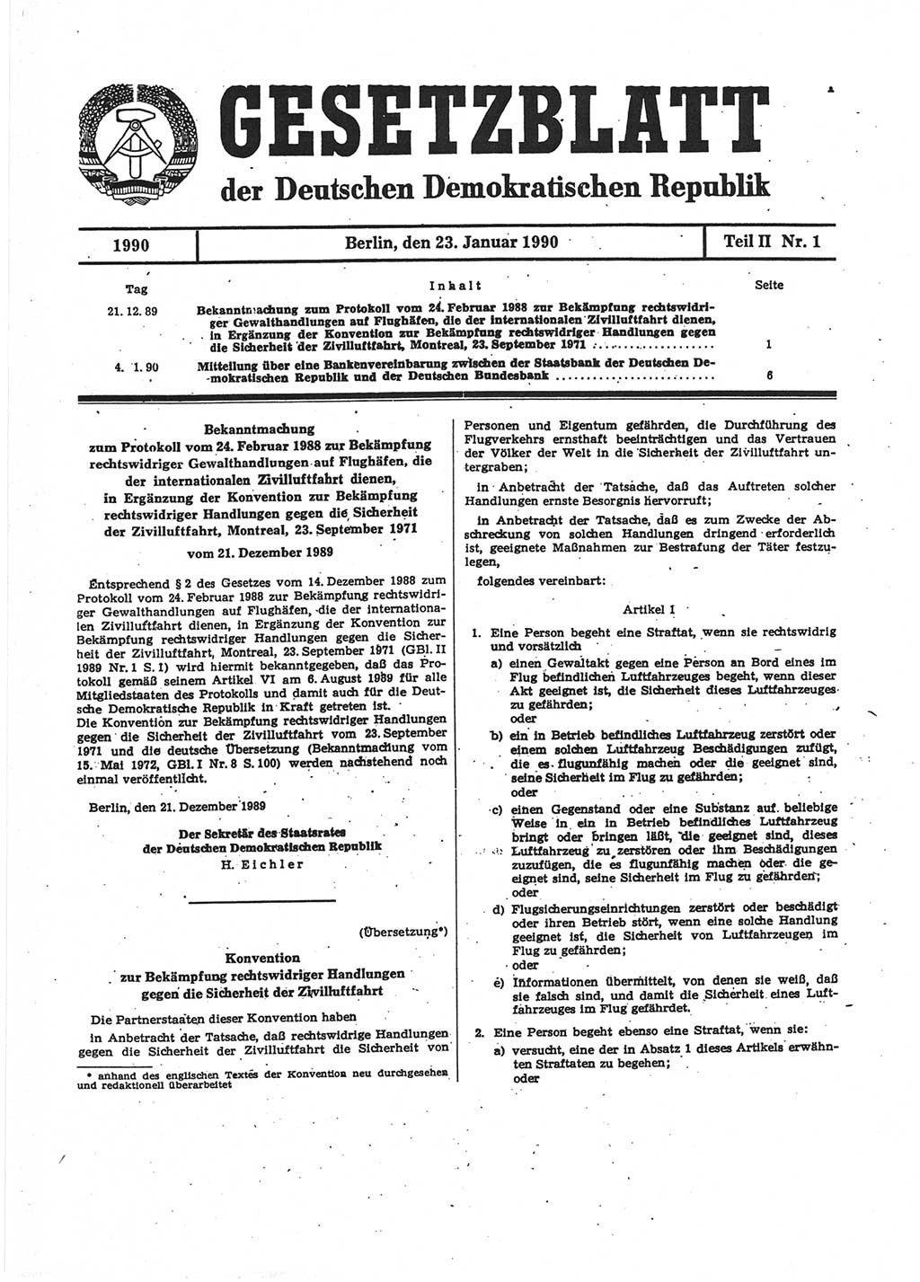 Gesetzblatt (GBl.) der Deutschen Demokratischen Republik (DDR) Teil ⅠⅠ 1990, Seite 1 (GBl. DDR ⅠⅠ 1990, S. 1)