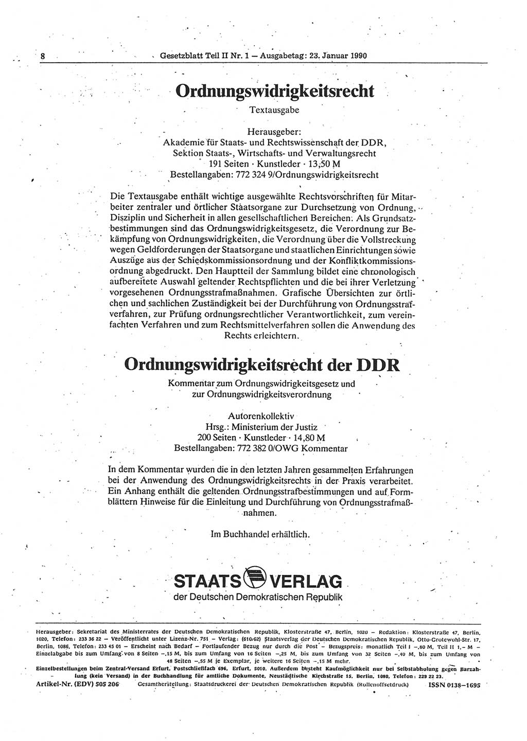 Gesetzblatt (GBl.) der Deutschen Demokratischen Republik (DDR) Teil ⅠⅠ 1990, Seite 8 (GBl. DDR ⅠⅠ 1990, S. 8)
