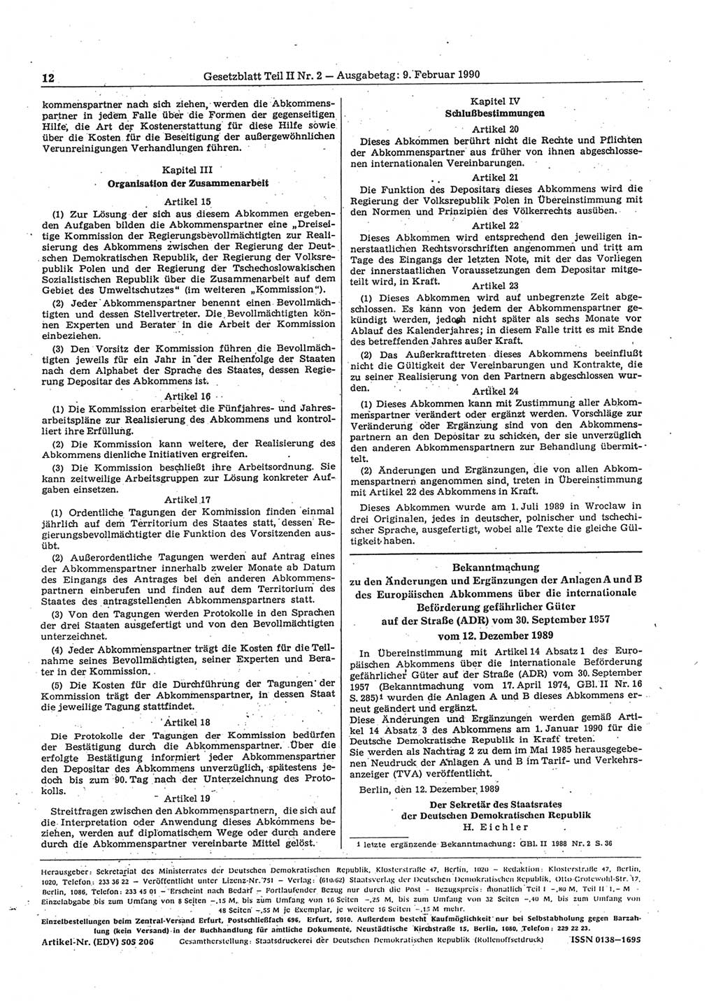 Gesetzblatt (GBl.) der Deutschen Demokratischen Republik (DDR) Teil ⅠⅠ 1990, Seite 12 (GBl. DDR ⅠⅠ 1990, S. 12)