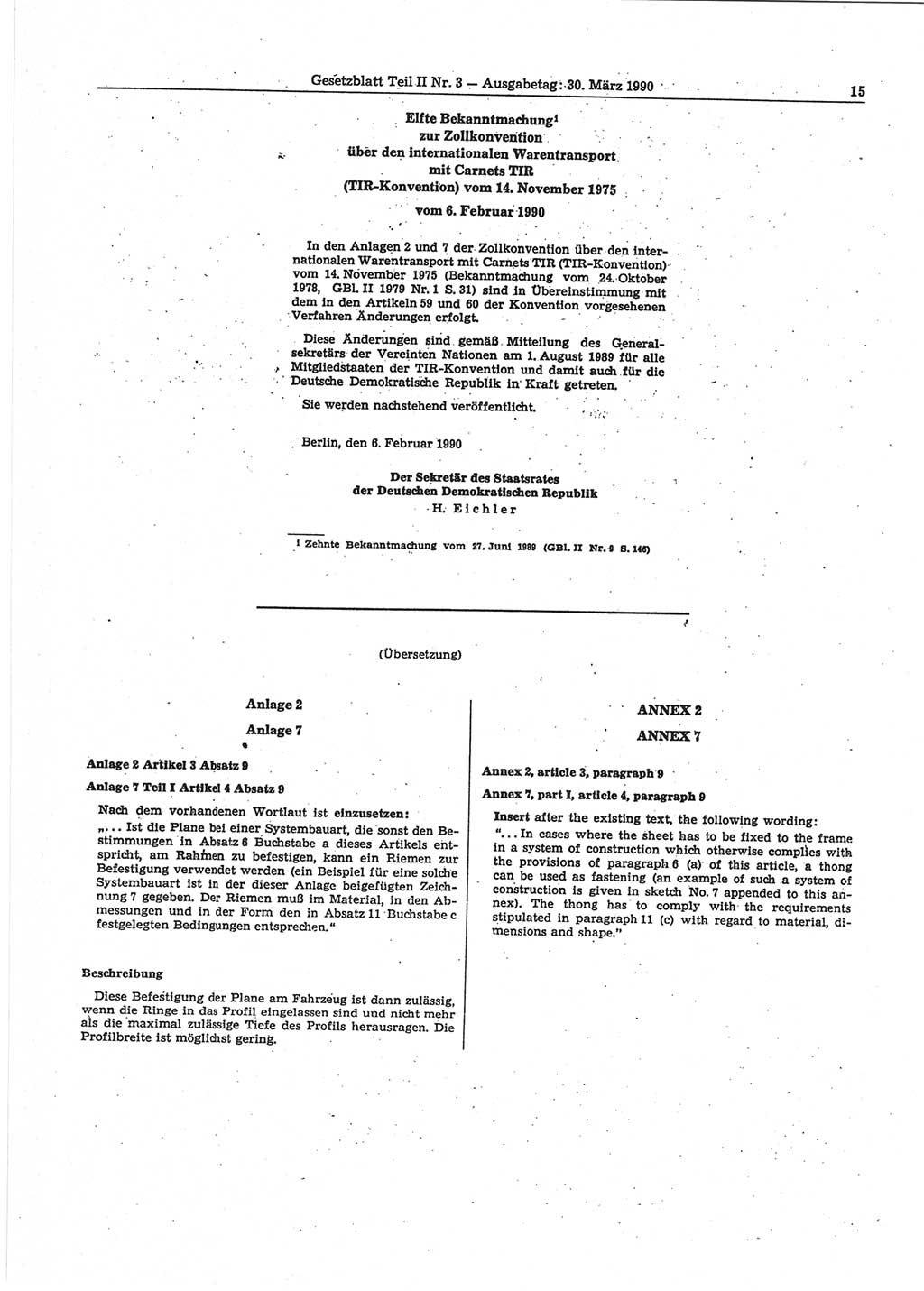 Gesetzblatt (GBl.) der Deutschen Demokratischen Republik (DDR) Teil ⅠⅠ 1990, Seite 15 (GBl. DDR ⅠⅠ 1990, S. 15)