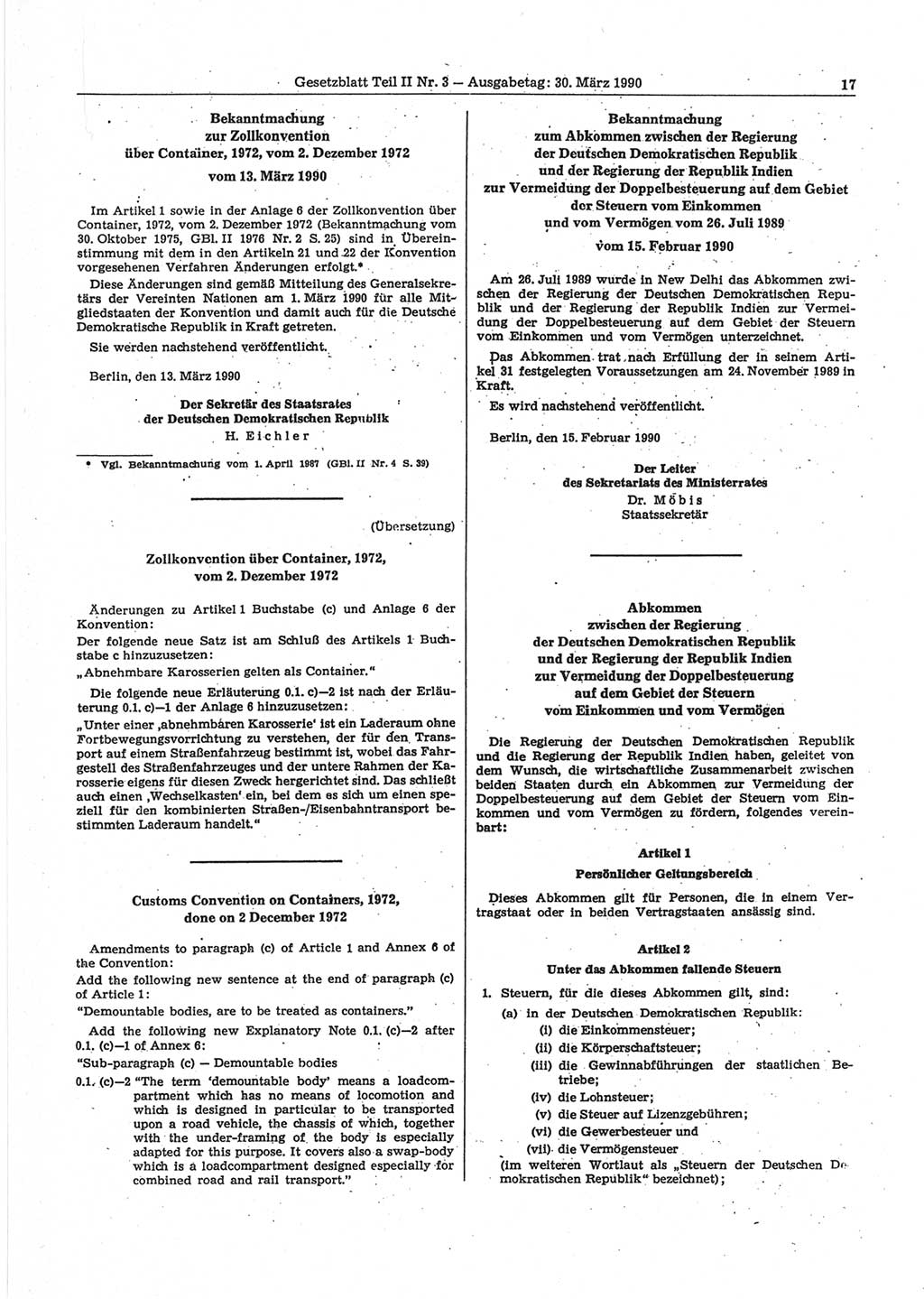Gesetzblatt (GBl.) der Deutschen Demokratischen Republik (DDR) Teil ⅠⅠ 1990, Seite 17 (GBl. DDR ⅠⅠ 1990, S. 17)