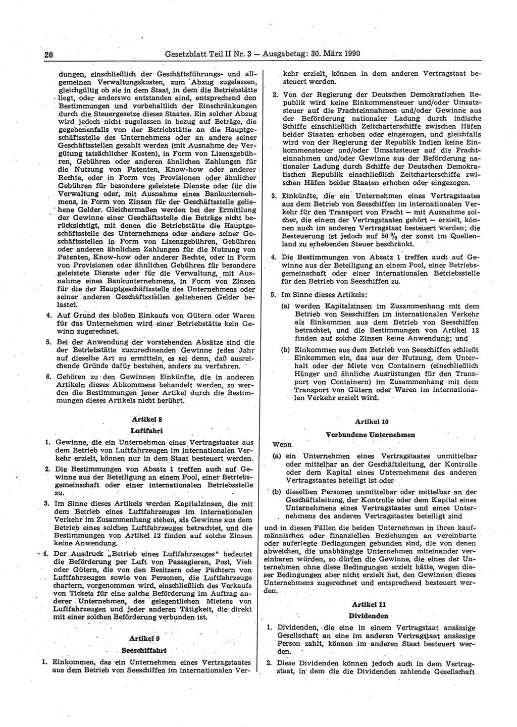 Gesetzblatt (GBl.) der Deutschen Demokratischen Republik (DDR) Teil ⅠⅠ 1990, Seite 20 (GBl. DDR ⅠⅠ 1990, S. 20)