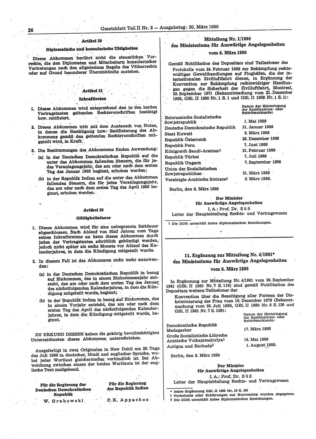 Gesetzblatt (GBl.) der Deutschen Demokratischen Republik (DDR) Teil ⅠⅠ 1990, Seite 26 (GBl. DDR ⅠⅠ 1990, S. 26)