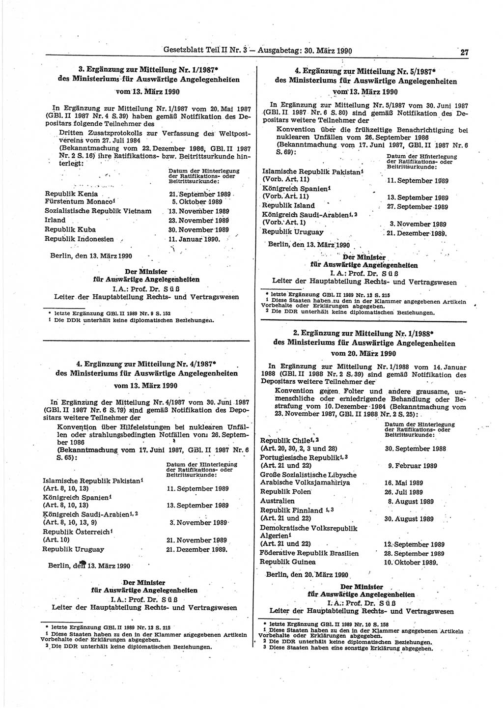 Gesetzblatt (GBl.) der Deutschen Demokratischen Republik (DDR) Teil ⅠⅠ 1990, Seite 27 (GBl. DDR ⅠⅠ 1990, S. 27)