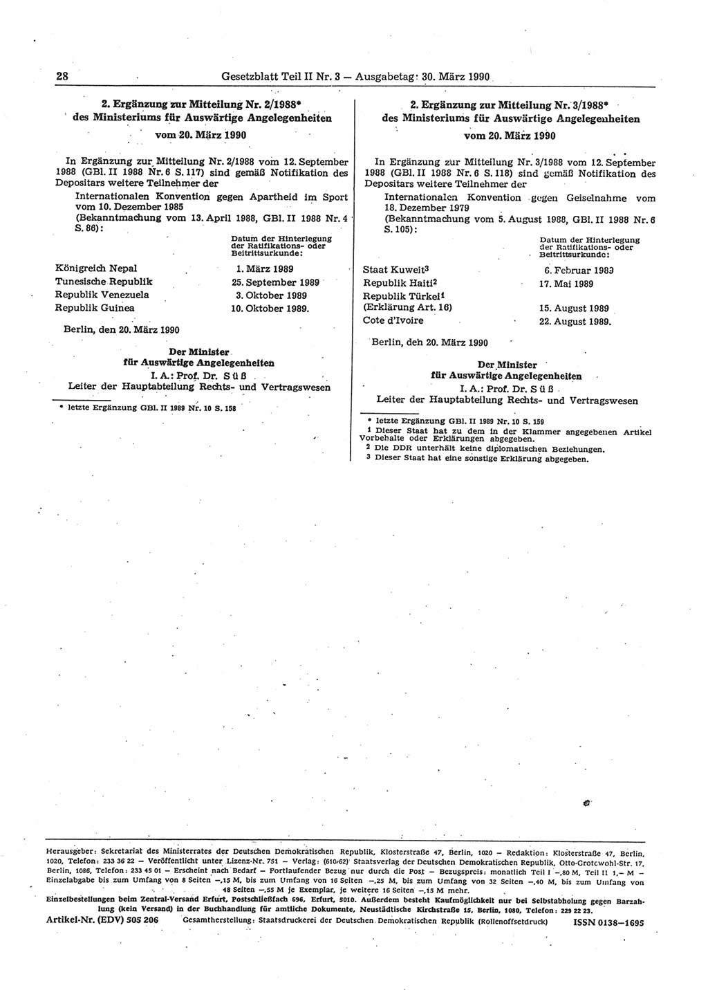 Gesetzblatt (GBl.) der Deutschen Demokratischen Republik (DDR) Teil ⅠⅠ 1990, Seite 28 (GBl. DDR ⅠⅠ 1990, S. 28)