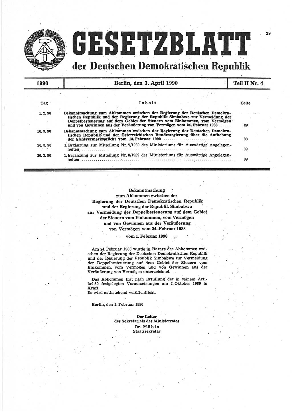 Gesetzblatt (GBl.) der Deutschen Demokratischen Republik (DDR) Teil ⅠⅠ 1990, Seite 29 (GBl. DDR ⅠⅠ 1990, S. 29)