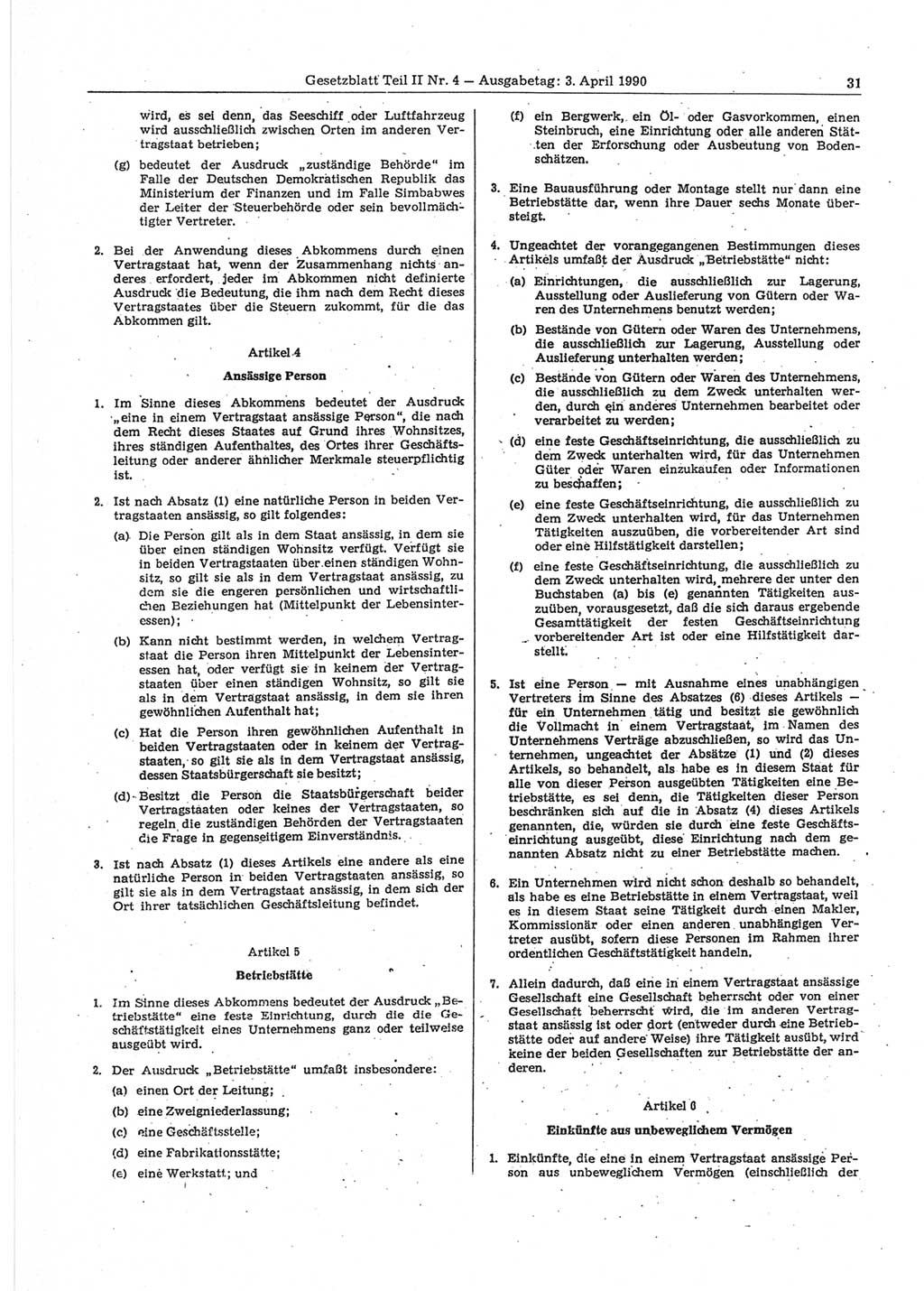 Gesetzblatt (GBl.) der Deutschen Demokratischen Republik (DDR) Teil ⅠⅠ 1990, Seite 31 (GBl. DDR ⅠⅠ 1990, S. 31)