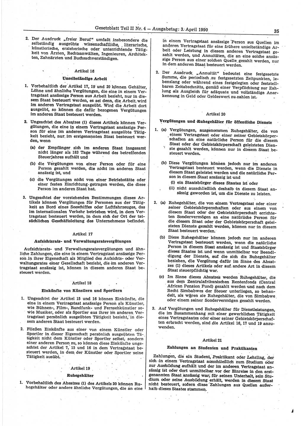 Gesetzblatt (GBl.) der Deutschen Demokratischen Republik (DDR) Teil ⅠⅠ 1990, Seite 35 (GBl. DDR ⅠⅠ 1990, S. 35)