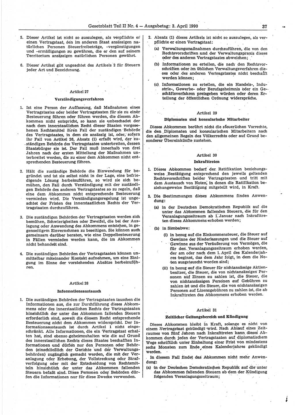 Gesetzblatt (GBl.) der Deutschen Demokratischen Republik (DDR) Teil ⅠⅠ 1990, Seite 37 (GBl. DDR ⅠⅠ 1990, S. 37)