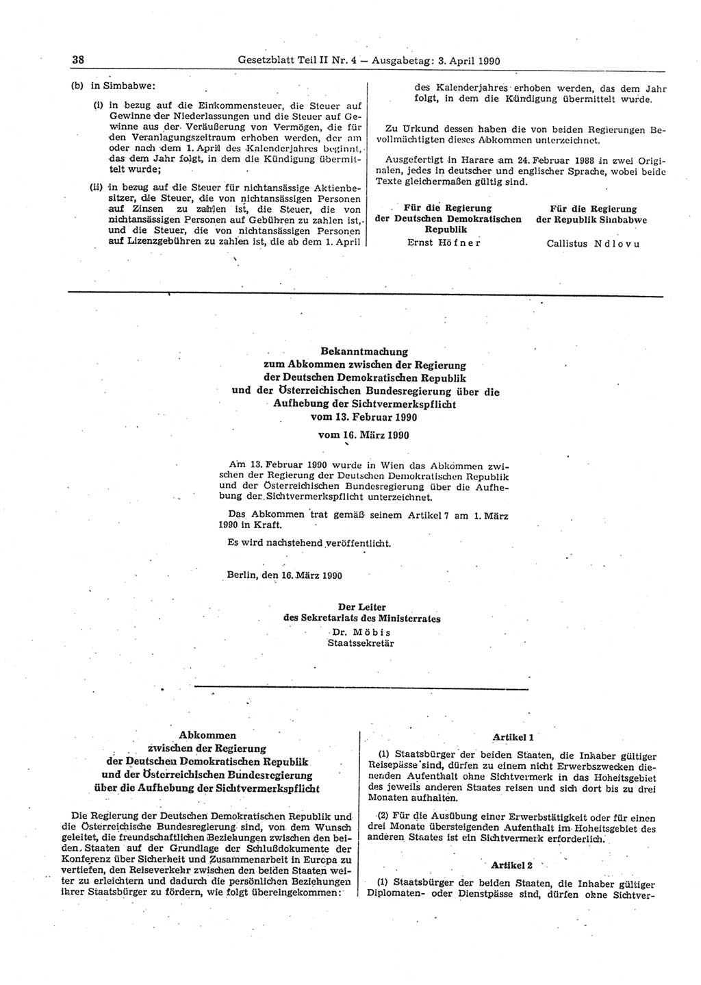 Gesetzblatt (GBl.) der Deutschen Demokratischen Republik (DDR) Teil ⅠⅠ 1990, Seite 38 (GBl. DDR ⅠⅠ 1990, S. 38)