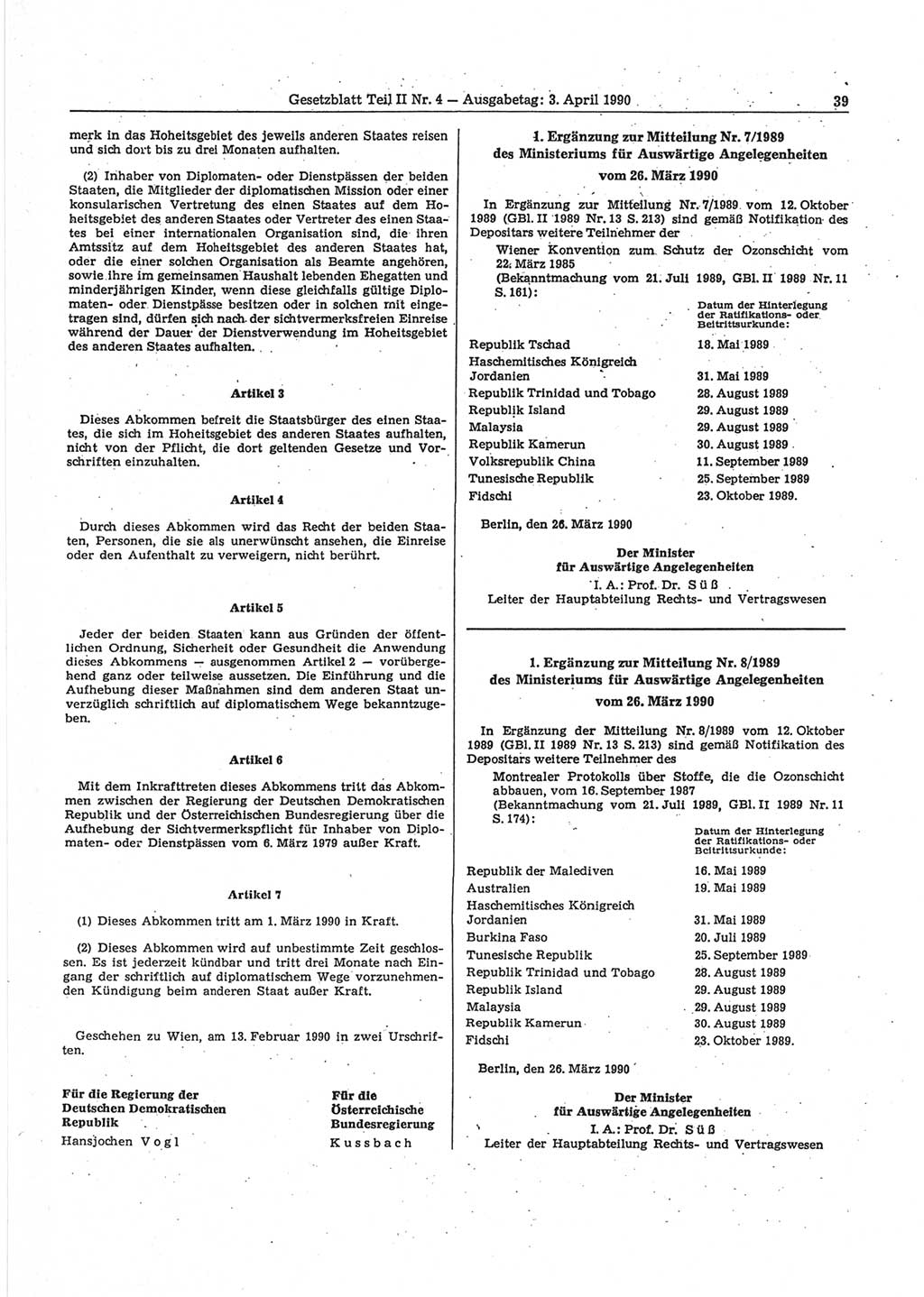 Gesetzblatt (GBl.) der Deutschen Demokratischen Republik (DDR) Teil ⅠⅠ 1990, Seite 39 (GBl. DDR ⅠⅠ 1990, S. 39)