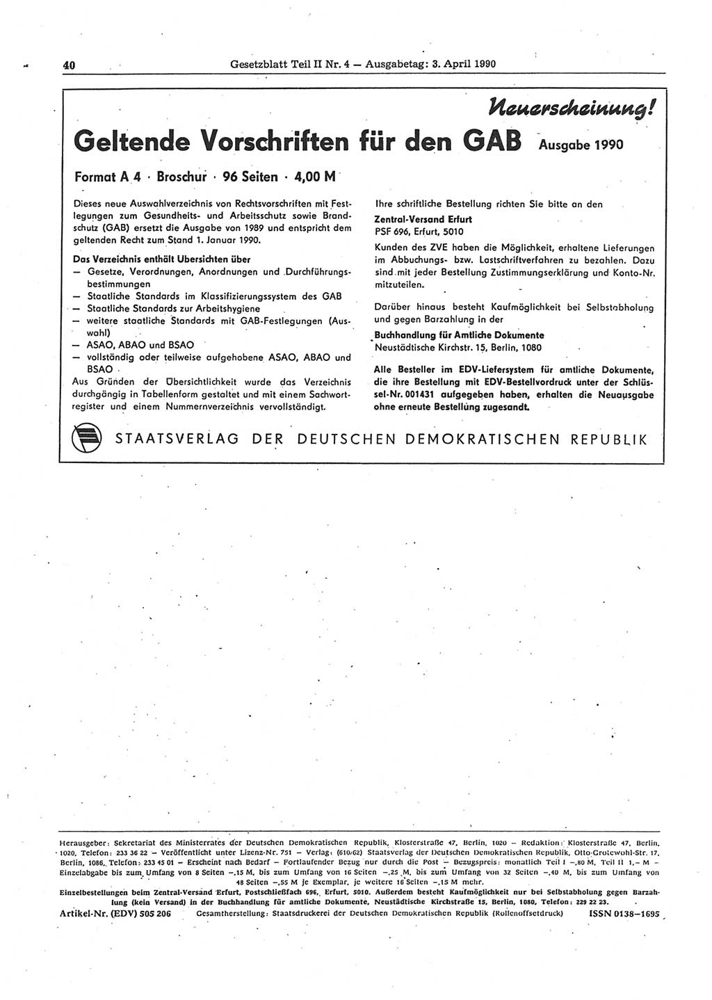Gesetzblatt (GBl.) der Deutschen Demokratischen Republik (DDR) Teil ⅠⅠ 1990, Seite 40 (GBl. DDR ⅠⅠ 1990, S. 40)