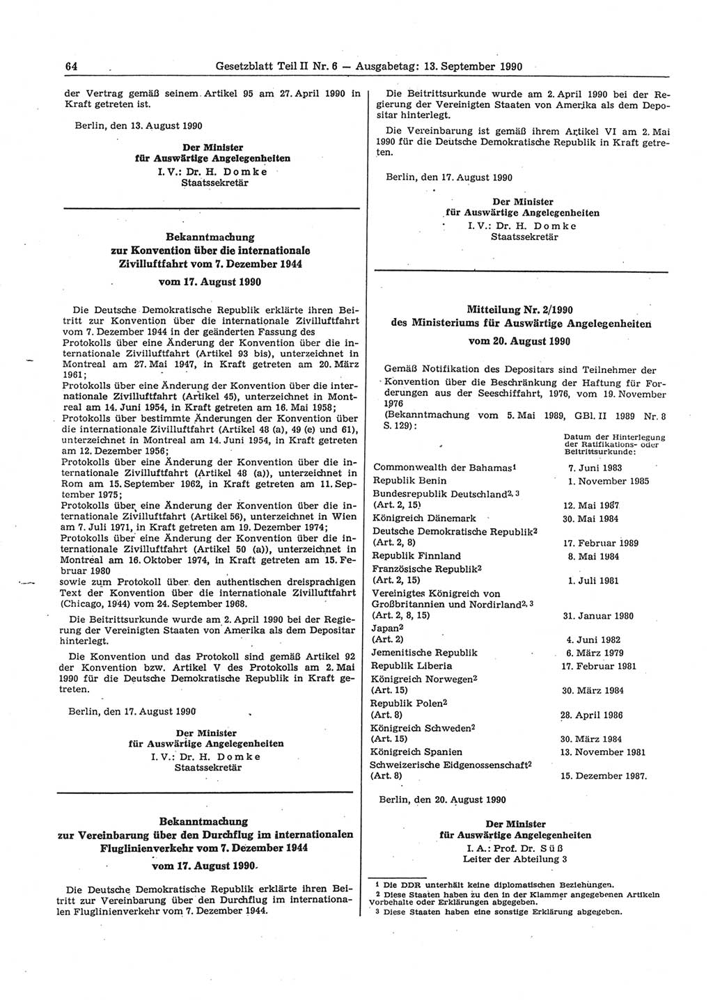 Gesetzblatt (GBl.) der Deutschen Demokratischen Republik (DDR) Teil ⅠⅠ 1990, Seite 64 (GBl. DDR ⅠⅠ 1990, S. 64)